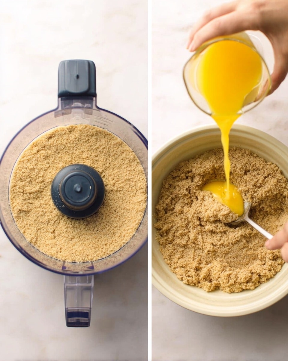 The left side of the image shows a food processor bowl with dry beige crumbs inside and a bright yellow liquid being poured in by a woman's hand holding a transparent glass. The right side shows a round white pan with a crumbly mixture being pressed down by a spoon held in a woman's hand, forming an uneven bottom layer. Both images have a white marbled surface beneath them. Photo taken with an iphone --ar 4:5 --v 7