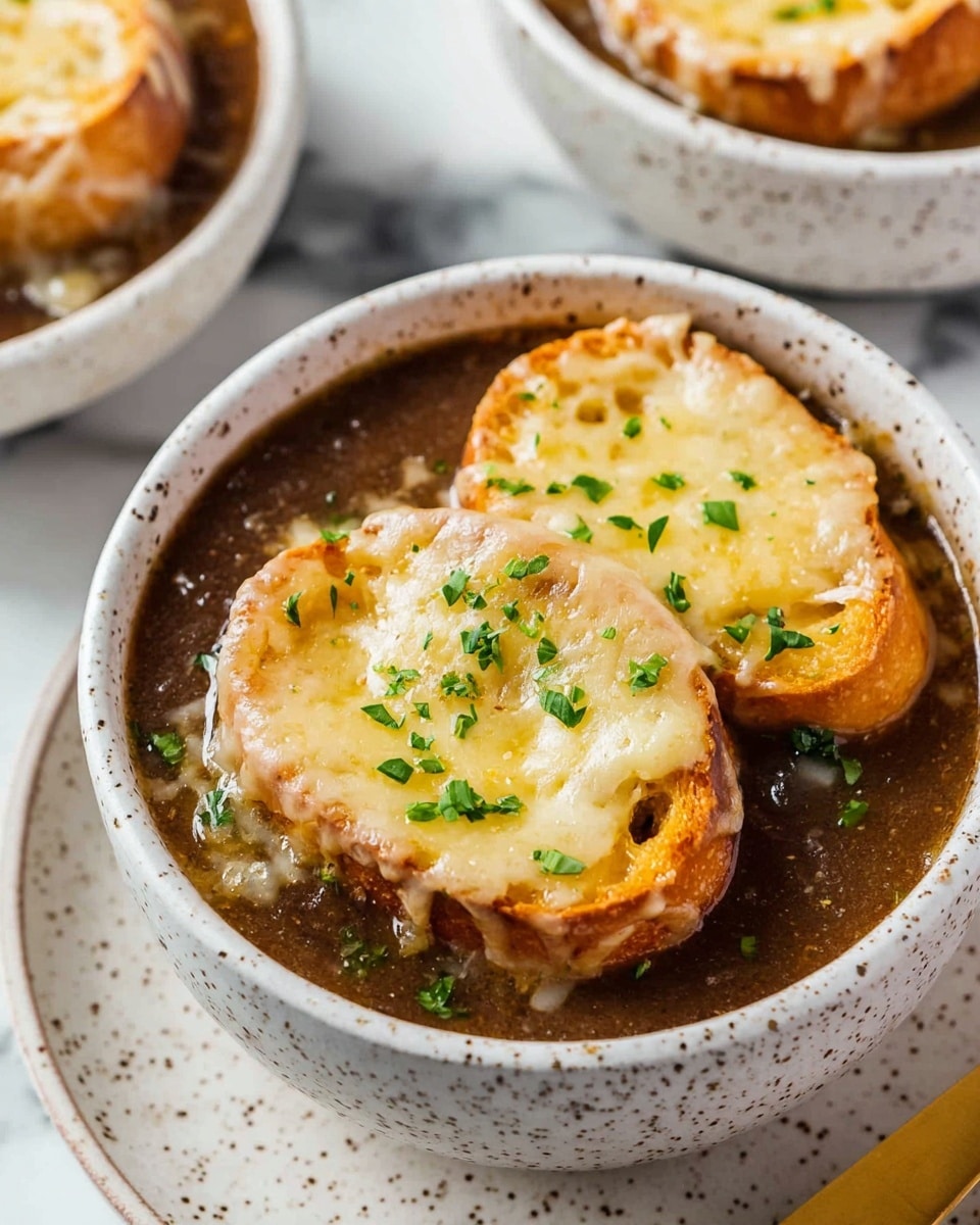 This image shows a close-up of a white bowl filled with onion soup. The soup has a rich brown broth base with soft cooked onions visible throughout. On top of the soup are two round toasted bread slices covered with melted pale yellow cheese that strings as a spoon lifts some soup. Small green herb sprigs are scattered on the cheese and soup surface. The bowl sits on a white marbled surface with blurred background bowls of more soup. photo taken with an iphone --ar 4:5 --v 7