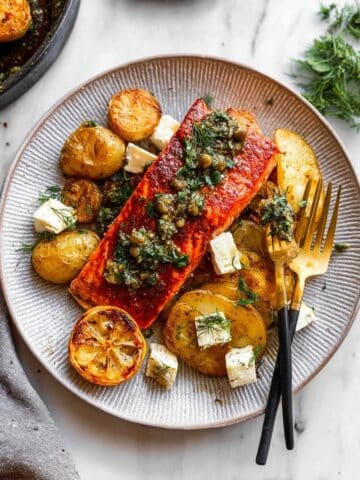Sheet Pan Salmon and Potatoes with Caper Chimichurri Recipe