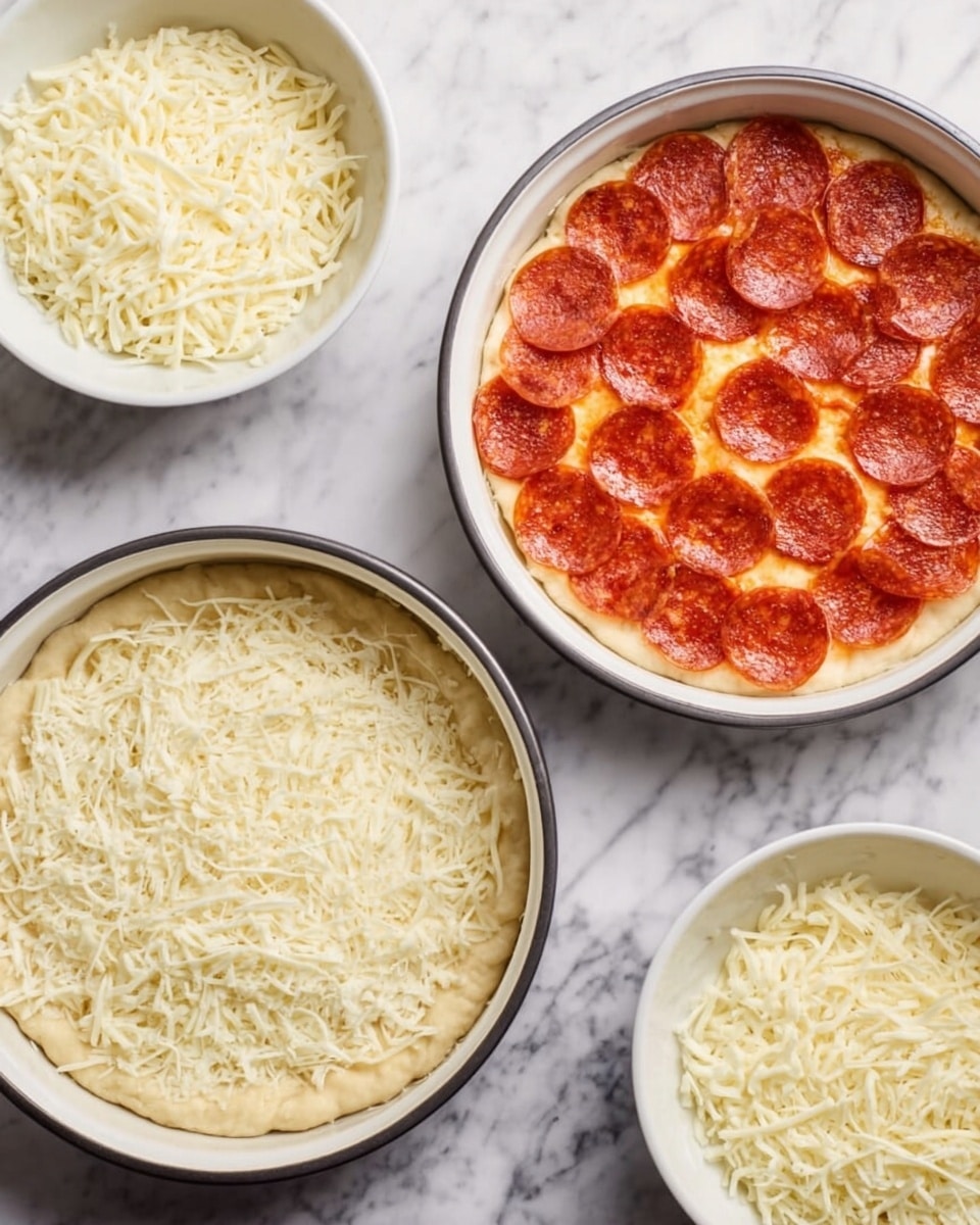 The image shows two stages of making a deep-dish pizza in a white round pan on a white marbled surface. On the left side, a woman's hand places slices of pepperoni on top of a thick layer of red tomato sauce, which covers shredded cheese on a golden dough base pressed against the sides of the pan. On the right side, the pizza in the same pan is topped with an even spread of red tomato sauce sprinkled with white grated cheese, resting on the thick dough edge around the pan. Photo taken with an iphone --ar 4:5 --v 7