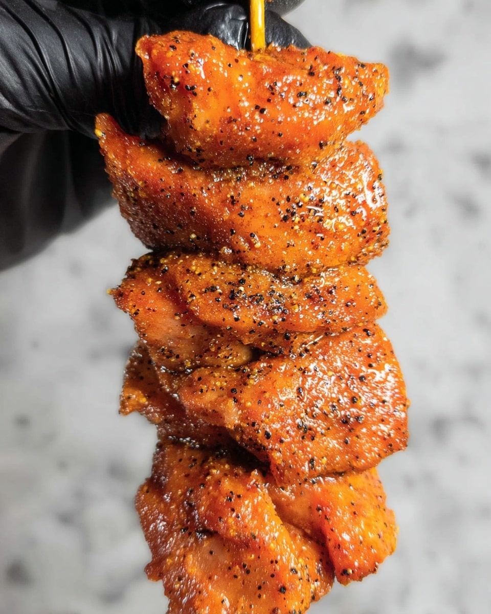 Several grilled chicken thighs on wooden skewers are placed on a white plate. The chicken pieces have a golden-brown, slightly crispy skin with some darker charred edges. On top of the chicken, there is a thick, creamy sauce mixed with finely chopped green herbs like parsley or cilantro, and it is sprinkled with finely grated white cheese, which melts slightly over the meat. The dish sits on a white marbled surface. Photo taken with an iphone --ar 4:5 --v 7