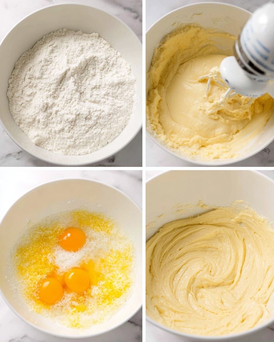 The image shows a four-part collage of a baking process on a white marbled surface. The top left section has twelve small yellow dough balls arranged in a 3 by 4 grid on white parchment paper on a baking tray. The top right section shows a single yellow dough ball inside a white bowl, partially covered in granulated sugar. The bottom left section shows the dough ball now fully coated in a thick white powder inside a white bowl. The bottom right section displays ten dough balls evenly spaced on a baking tray with white parchment paper, each fully coated with white powder. Photo taken with an iphone --ar 4:5 --v 7
