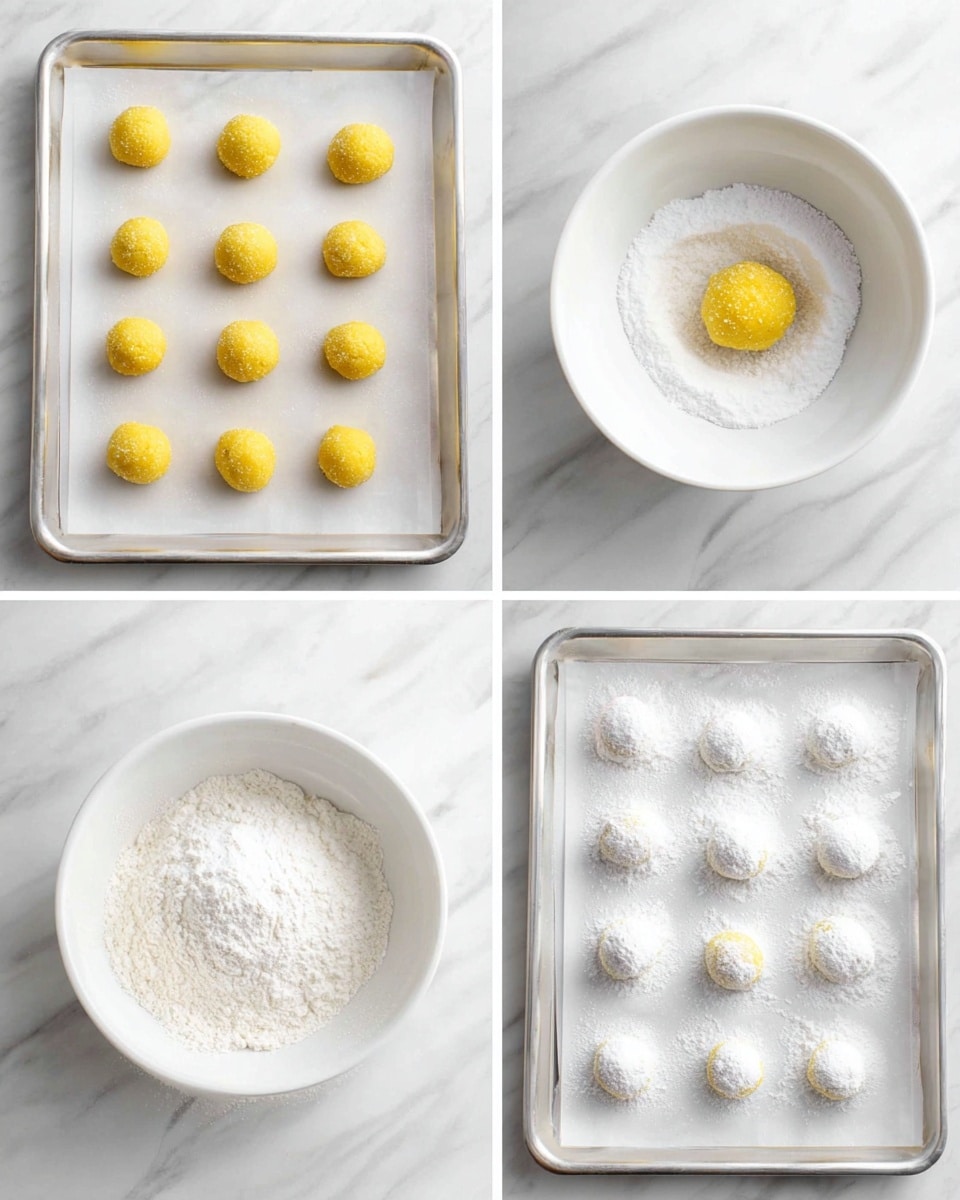 The image shows four steps of mixing ingredients in white bowls on a white marbled surface. The top-left photo has one layer of white flour spread evenly in a white bowl. The top-right photo shows a thick, creamy pale yellow mixture being mixed inside a white bowl with a white mixer blade partly in view. The bottom-left photo reveals a white bowl with a pale yellow creamy layer, and on top of it two bright yellow egg yolks along with some grated yellow zest are added, with the white mixer blade visible. The bottom-right photo displays a smooth, light yellow batter with swirls created by the mixer inside a white bowl, with the white mixer blade still in place. Photo taken with an iphone --ar 4:5 --v 7