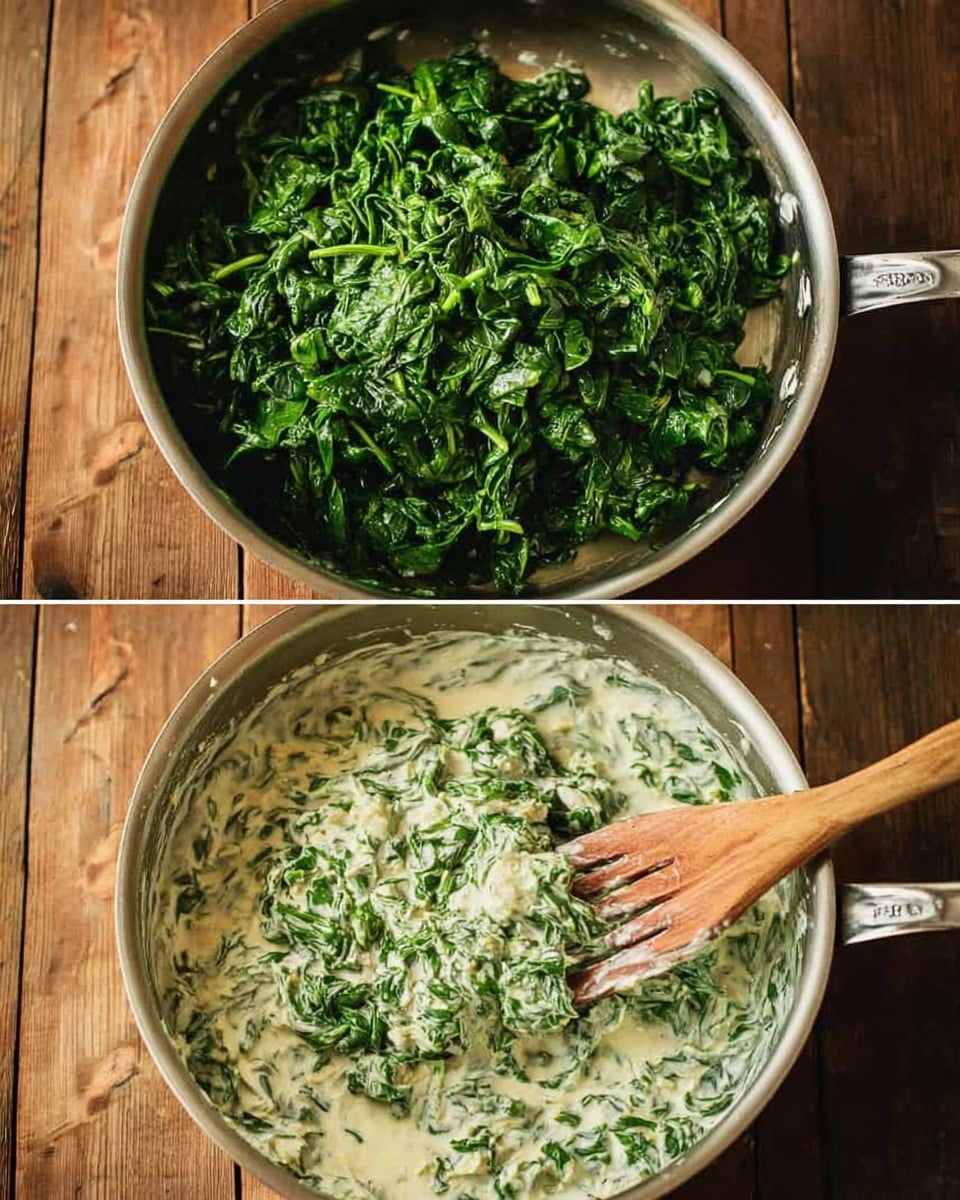 Two images stacked vertically show a stainless steel pan on a wooden surface. The top image shows a large pile of fresh, chopped dark green spinach covering a creamy white sauce with flecks of herbs at the bottom of the pan, with a wooden spoon lifting some spinach on the right side. The bottom image shows the same pan where the spinach is mixed into the creamy sauce, creating a textured mix of green leaves and white sauce with some leafy chunks on the wooden spoon resting inside the pan. Photo taken with an iphone --ar 4:5 --v 7