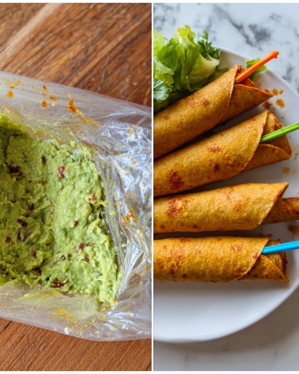 The image shows two parts: on the left, there is a clear plastic bag filled with green guacamole that has small red and black bits inside, resting on a wooden surface; on the right, there are four golden-brown rolled tacos served on a white plate with a few spicy red stains. Each taco is held together with a colored toothpick in blue, green, orange, and yellow. The white plate sits on a white marbled surface with a small part of fresh green lettuce visible in the top corner. photo taken with an iphone --ar 4:5 --v 7