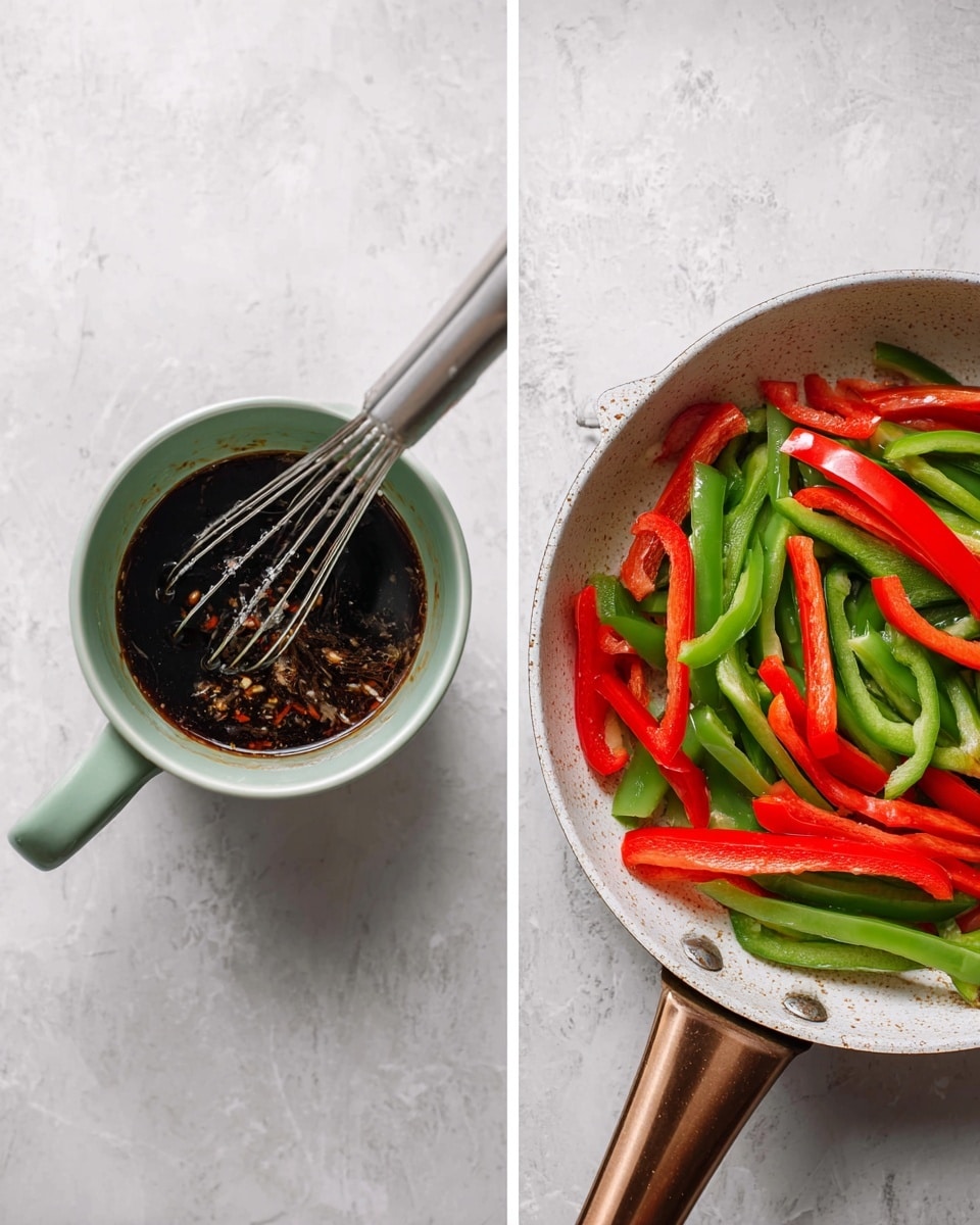 The image shows two side-by-side views on a white marbled surface. On the left, there is a light green cup filled with a dark sauce that has small bits floating on top, with a small silver whisk inside. On the right, there is a white pan with a bronze handle filled with sliced red and green bell peppers layered randomly, showing their smooth and shiny texture. Photo taken with an iphone --ar 4:5 --v 7