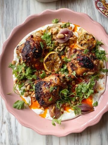 Harissa Chicken with Labneh, Roasted Red Peppers, and Red Onion Recipe