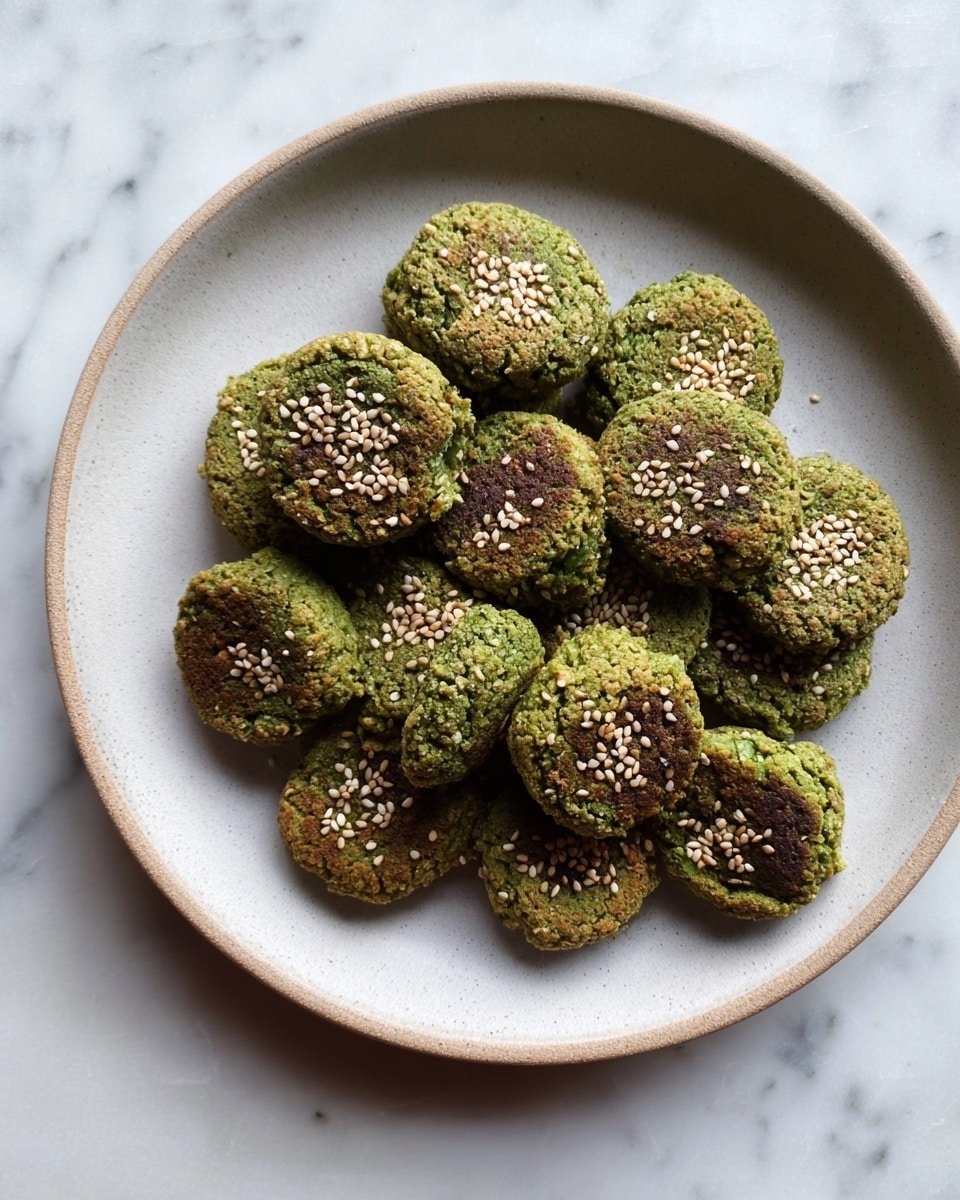 A white plate holds about a dozen small, round falafel patties with a rough, cracked texture. Each falafel is green with some brown toasted spots and is topped with scattered white sesame seeds. The plate sits on a white marbled surface. photo taken with an iphone --ar 4:5 --v 7