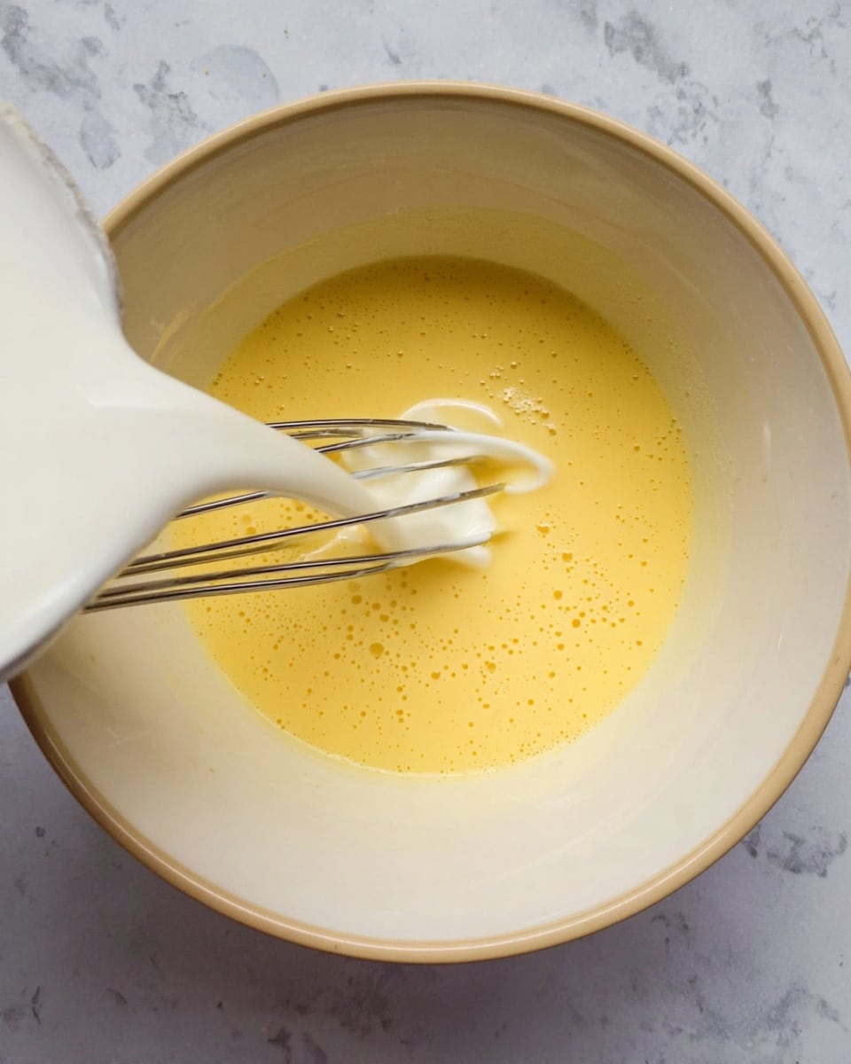 A white bowl with a beige rim sits on a white marbled surface, inside the bowl there is a yellow mixture with small bubbles and a smooth texture. A metal whisk is partially submerged in the mixture, and a thick white liquid is being poured into the bowl from the left side, creating a soft swirl where it meets the yellow mixture. The scene captures the mixing process with a close-up view showing the texture and motion of the liquids. Photo taken with an iphone --ar 4:5 --v 7