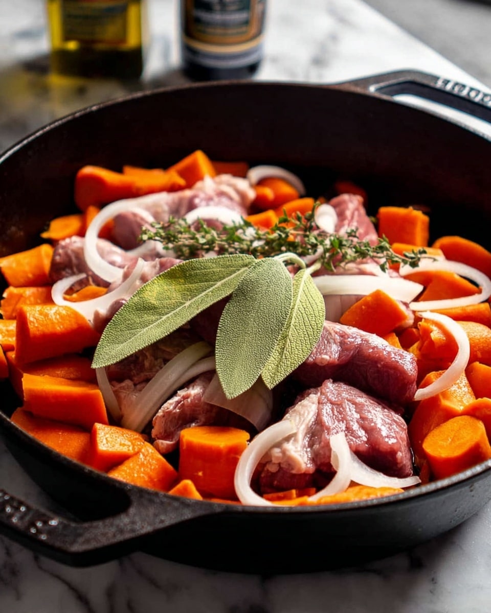 A black cast iron pan filled with thick pieces of raw meat that have a pale pink color, surrounded by bright orange carrot chunks cut into large pieces, and thin white onion slices scattered on top. In the center, there are two green bay leaves and a small bunch of fresh sage leaves. The pan sits on a white marbled surface, and a blurred bottle is visible in the background. The lighting highlights the fresh ingredients, casting soft shadows around the pan. photo taken with an iphone --ar 4:5 --v 7