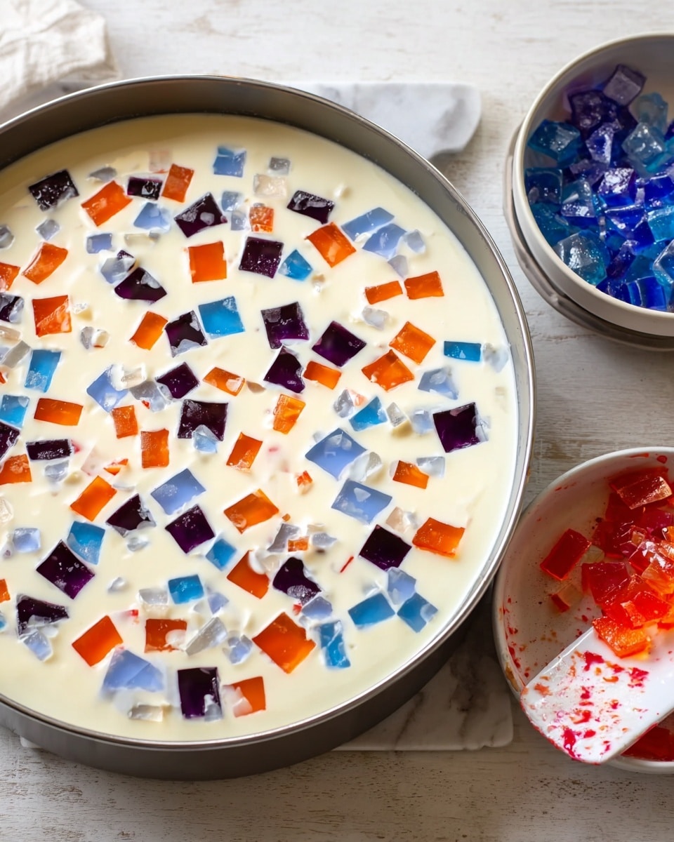 The image on the left shows a white plate with three sections of jelly cubes arranged side by side: deep purple on the left, bright blue in the middle, and bright red on the right, all on a wooden table with clear containers holding jelly of matching colors above and below. The image on the right shows a clear glass bowl filled with a thick white creamy mixture with small pieces of the red, blue, and purple jelly cubes folded inside, with a red spatula partially inserted into the mixture, placed on a white marbled surface with blurred bowls of jelly cubes in the background. photo taken with an iphone --ar 4:5 --v 7