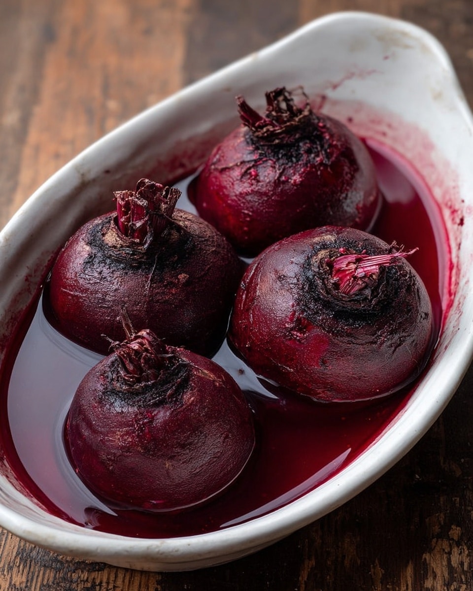 Four whole dark red beets float closely together in a white oval dish filled with deep red beet juice, showing rough textured skins with dried stems on top; the dish rests on a wooden surface. The juice stains the inner rim of the dish, adding a rich contrast against the white ceramic. photo taken with an iphone --ar 4:5 --v 7