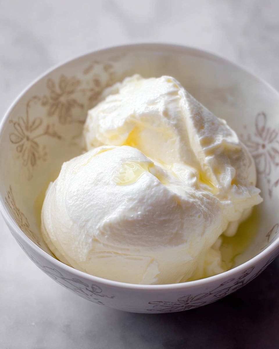 A close-up view of a white ceramic bowl with a subtle flower pattern on the inside, holding two large, soft, white cheese balls with a smooth and slightly shiny texture. The cheese balls have small folds and creases with a few drops of light yellowish liquid on their surface, giving a fresh and creamy look. The bowl is placed on a white marbled surface, highlighting the clean and fresh setting. photo taken with an iphone --ar 4:5 --v 7