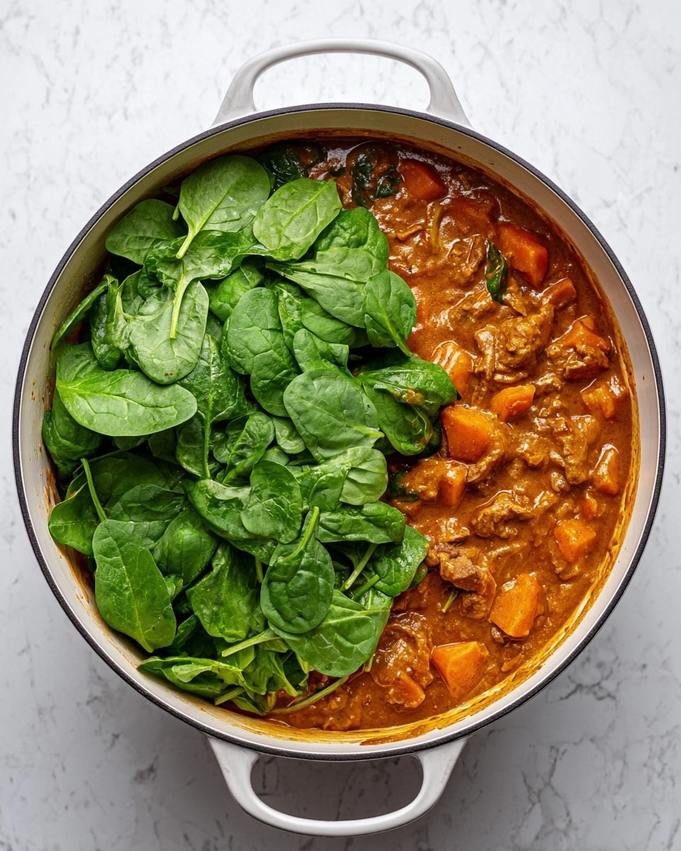A large white pot filled with thick orange curry that has chunks of meat and bright orange sweet potato pieces. Mixed in are dark green spinach leaves and small green herbs scattered over the top. A silver spoon with some sauce on it is partly resting inside the pot. The pot sits on a white marbled surface, and to the side is a small bowl with fresh green herbs. The curry looks creamy and rich, with visible bits of spices. photo taken with an iphone --ar 4:5 --v 7