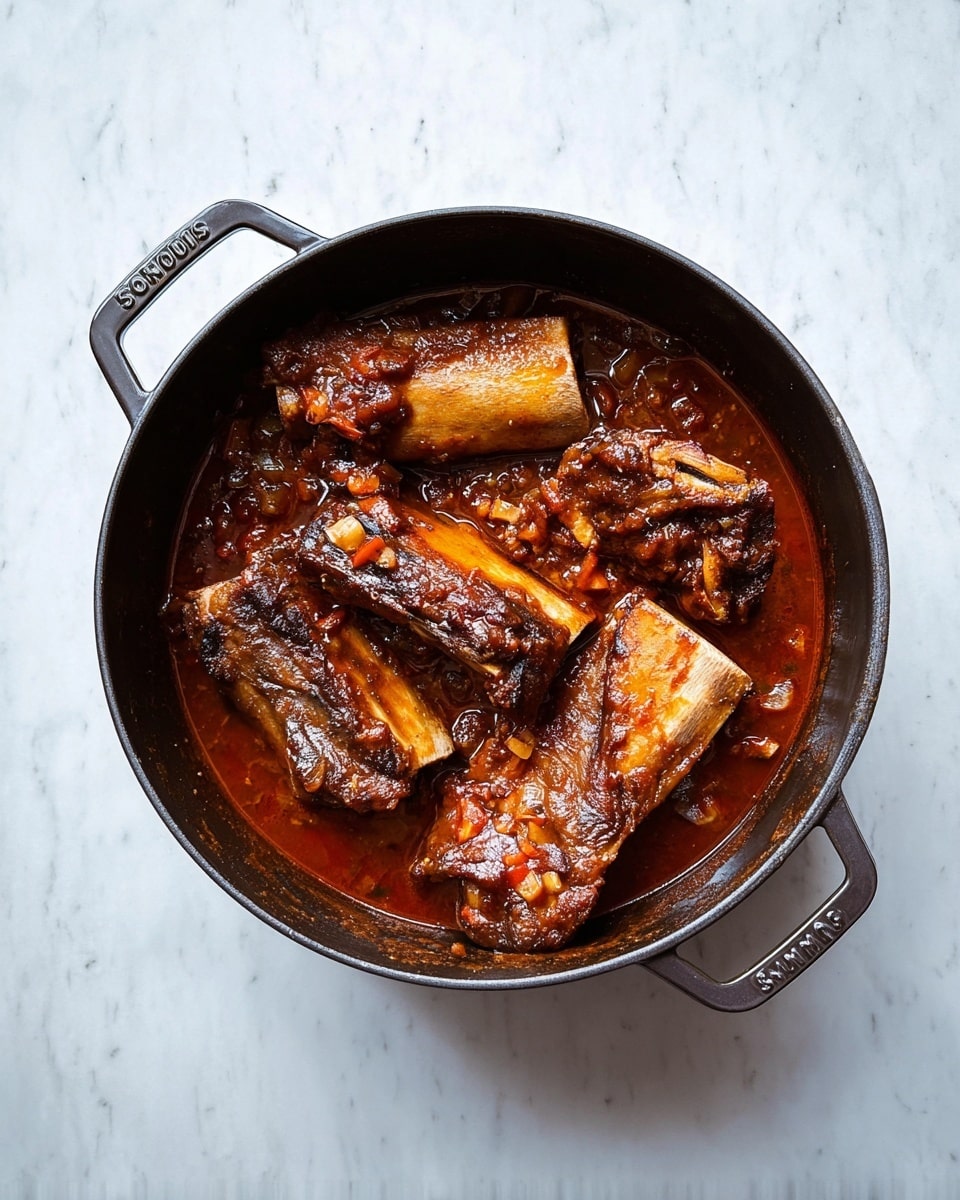 The dish shows a white plate filled with several pieces of dark brown cooked ribs with visible bone ends, layered closely together to cover the plate. These ribs have a rich, shiny sauce coating them, with small orange carrot cubes and finely chopped green herbs sprinkled on top. The ribs have a textured, slightly charred surface that contrasts with the smooth, glossy sauce. The plate is set on a white marbled texture surface with some scattered green herbs around the edges for decoration. photo taken with an iphone --ar 4:5 --v 7