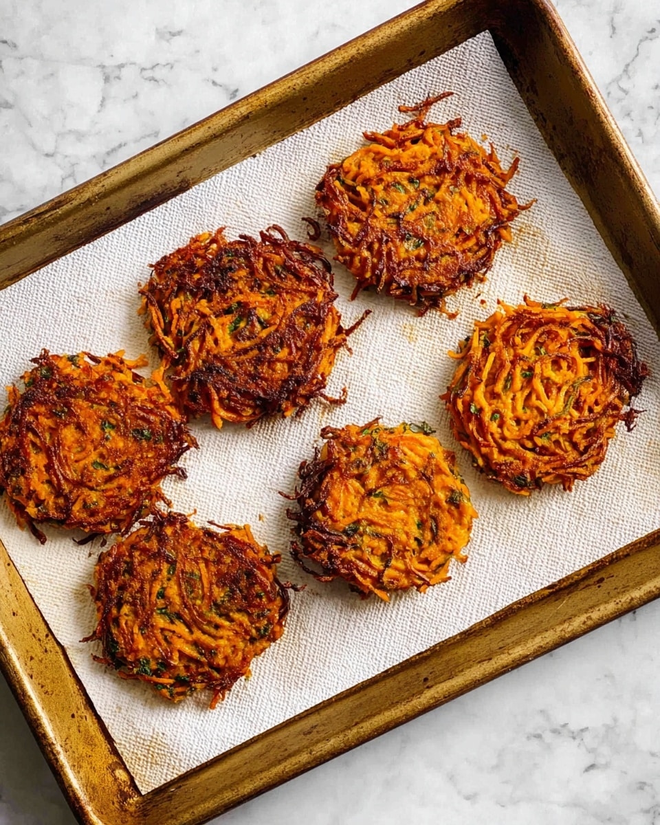 The image shows a metal baking tray with six round, crispy-looking fritters placed on white paper towels to absorb oil. Each fritter is made of thin strands of shredded orange carrots mixed with small green herbs, with a dark golden brown and burnt orange color on the outside, indicating they are fried and slightly crunchy. The fritters vary slightly in size and shape but are mostly flat and round, showing a tangled texture of carrot strands on top. The tray rests on a white marbled surface, adding a clean contrast to the warm colors of the fritters. photo taken with an iphone --ar 4:5 --v 7