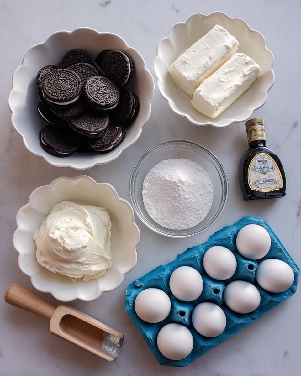 The image shows several ingredients on a white marbled surface arranged neatly: a white bowl full of black sandwich cookies with cream filling, a glass bowl with two large blocks of white cream cheese, a white scalloped bowl filled with white sugar, a white bowl holding white powder (likely flour or baking soda), a wooden handled scoop with white powder, a small glass bottle labeled vanilla extract, and a blue egg tray holding six white eggs all facing upwards. photo taken with an iphone --ar 4:5 --v 7