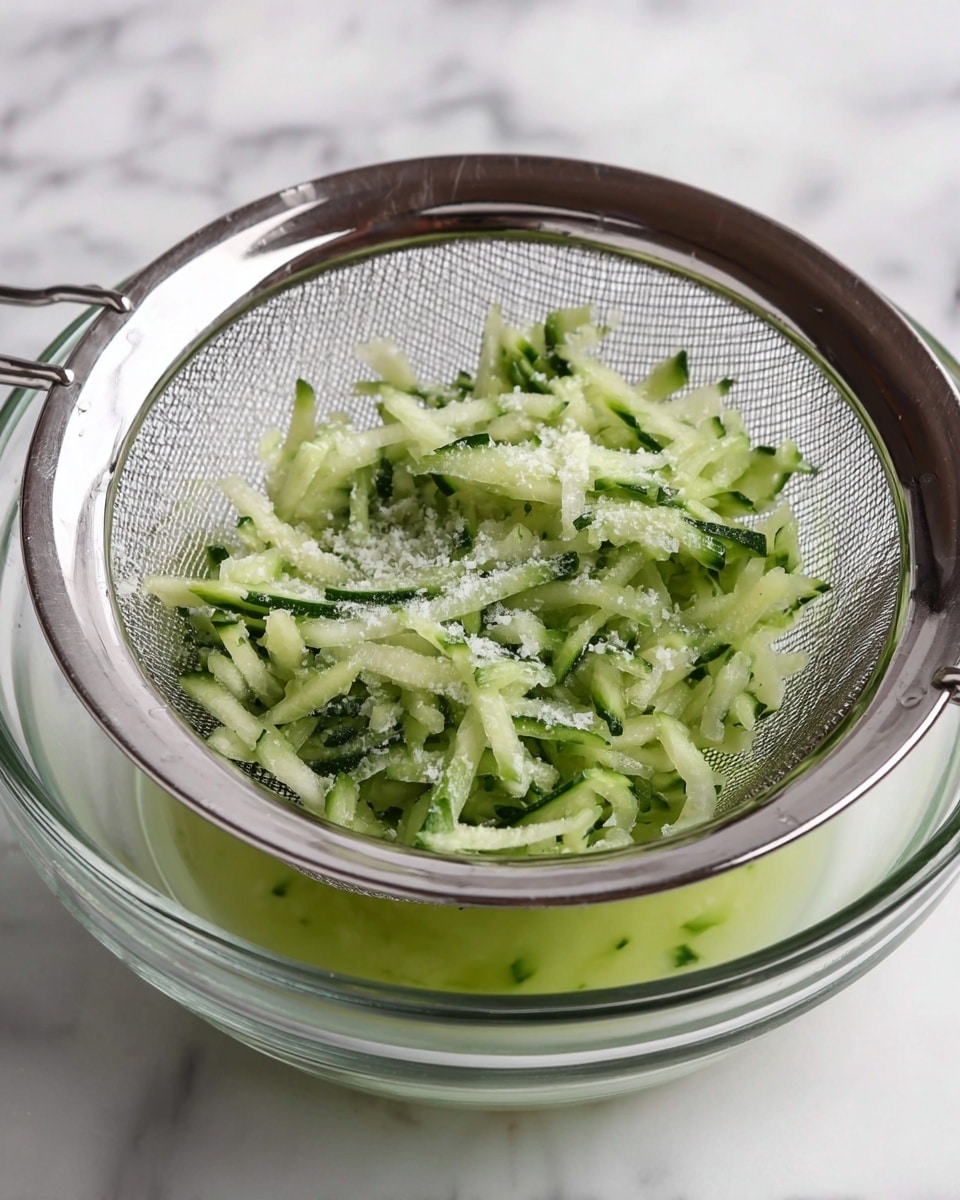 The image shows shredded green cucumber with salt sprinkled on top, placed in a metal fine mesh strainer. The strainer sits over a clear glass bowl that collects the greenish water dripping from the cucumber. The setup is on a white marbled surface, and the textures of the cucumber are fresh and moist with small bits of dark green skin visible among the pale green shreds. Photo taken with an iphone --ar 4:5 --v 7