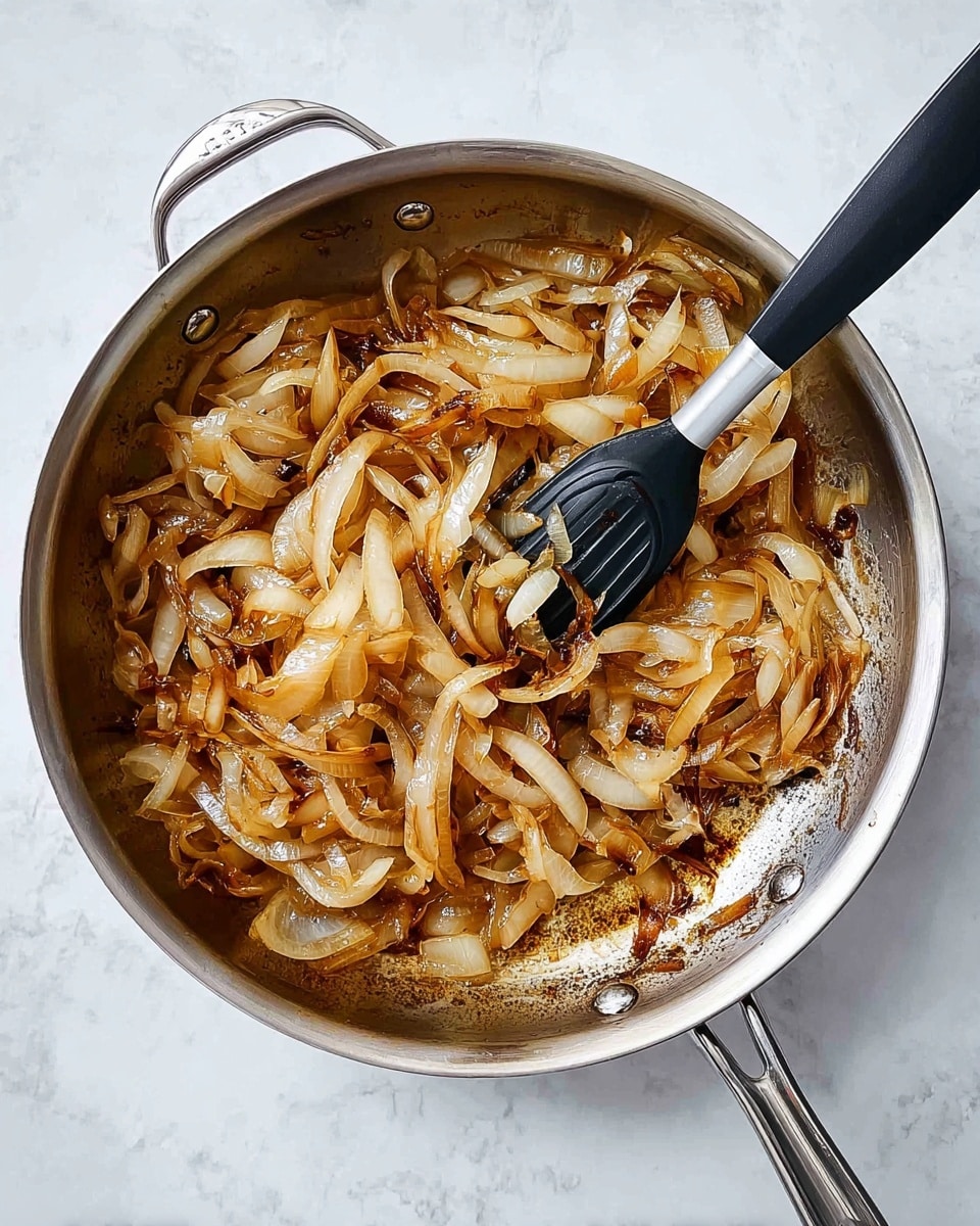 A silver pan filled with one layer of golden-brown caramelized onion slices, slightly translucent with some darker browned edges, and a black spatula with a silver handle resting inside the pan among the onions. The pan is placed on a white marbled surface. photo taken with an iphone --ar 4:5 --v 7