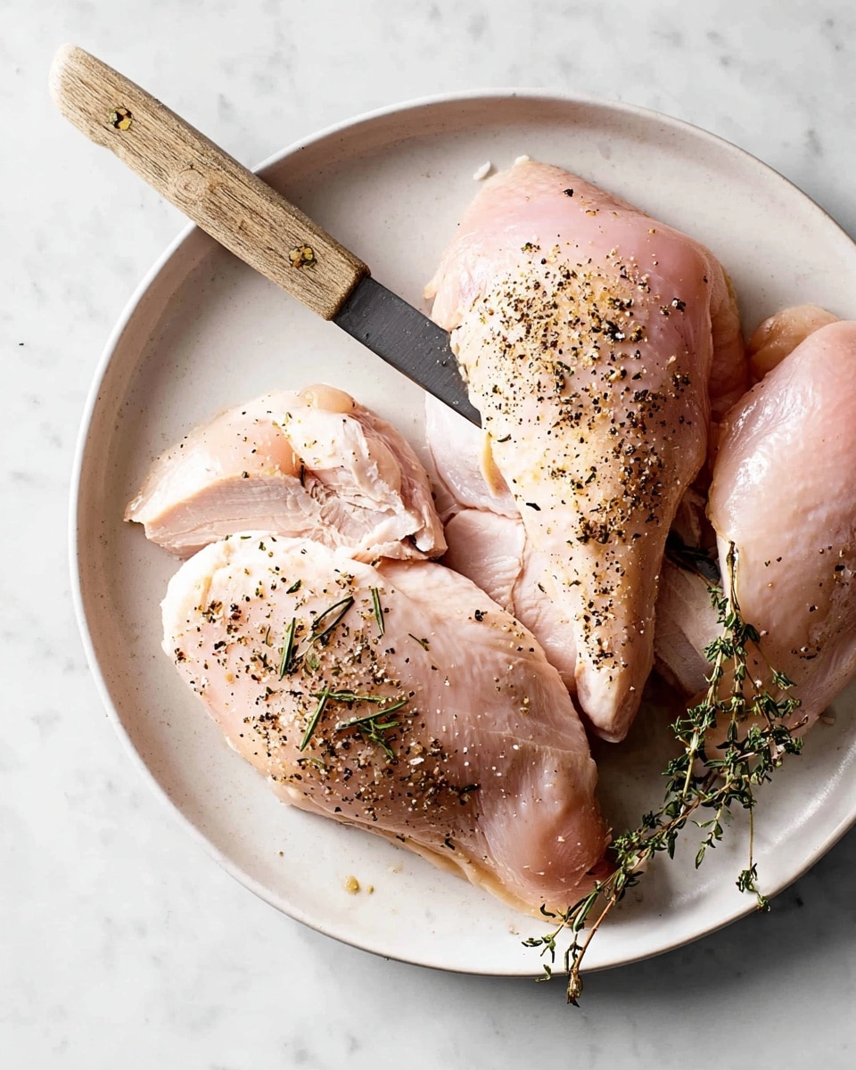 A white round plate on a white marbled surface holds two raw chicken pieces, each seasoned with black pepper and dried herbs. One piece is whole, while the other is sliced open to show its inside. A knife with a wooden handle rests on the plate, its blade partially under the skin of the whole chicken piece, making a small cut. The chicken is light pink with a smooth, moist texture. photo taken with an iphone --ar 4:5 --v 7