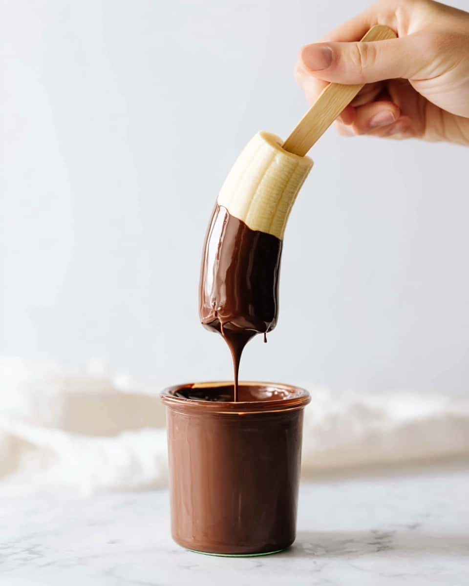 A half banana shown vertically dipped in smooth, shiny dark chocolate, with the chocolate coating covering about two-thirds from the bottom, dripping slightly back into a glass jar full of chocolate. The banana is held by a wooden stick inserted in the top, gripped by a woman's hand visible at the upper right corner. The scene is set on a white marbled surface with a soft white background, creating a clean and bright atmosphere. photo taken with an iphone --ar 4:5 --v 7