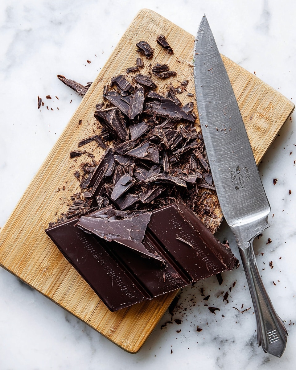 A wooden cutting board sits on a white marbled surface, holding a large piece of dark chocolate along with many small broken pieces of the chocolate scattered around. A large silver knife lies across the board with some chocolate shavings sticking to its blade. The dark chocolate has a rich, glossy texture with some fine crumbs and rough edges where it has been broken. photo taken with an iphone --ar 4:5 --v 7
