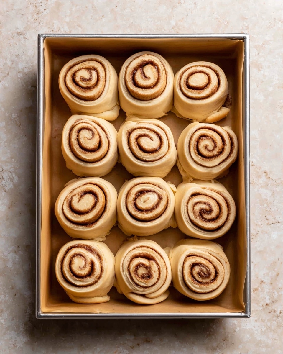 A metal baking tray lined with light brown parchment paper holds twelve unbaked cinnamon rolls arranged in three rows of four. Each roll shows two layers: a smooth, light beige dough with a darker brown cinnamon filling swirled evenly from center to edge, creating a spiral pattern. The rolls have a soft, slightly rounded shape with some dough edges slightly overlapping. The tray sits on a white marbled surface. photo taken with an iphone --ar 4:5 --v 7