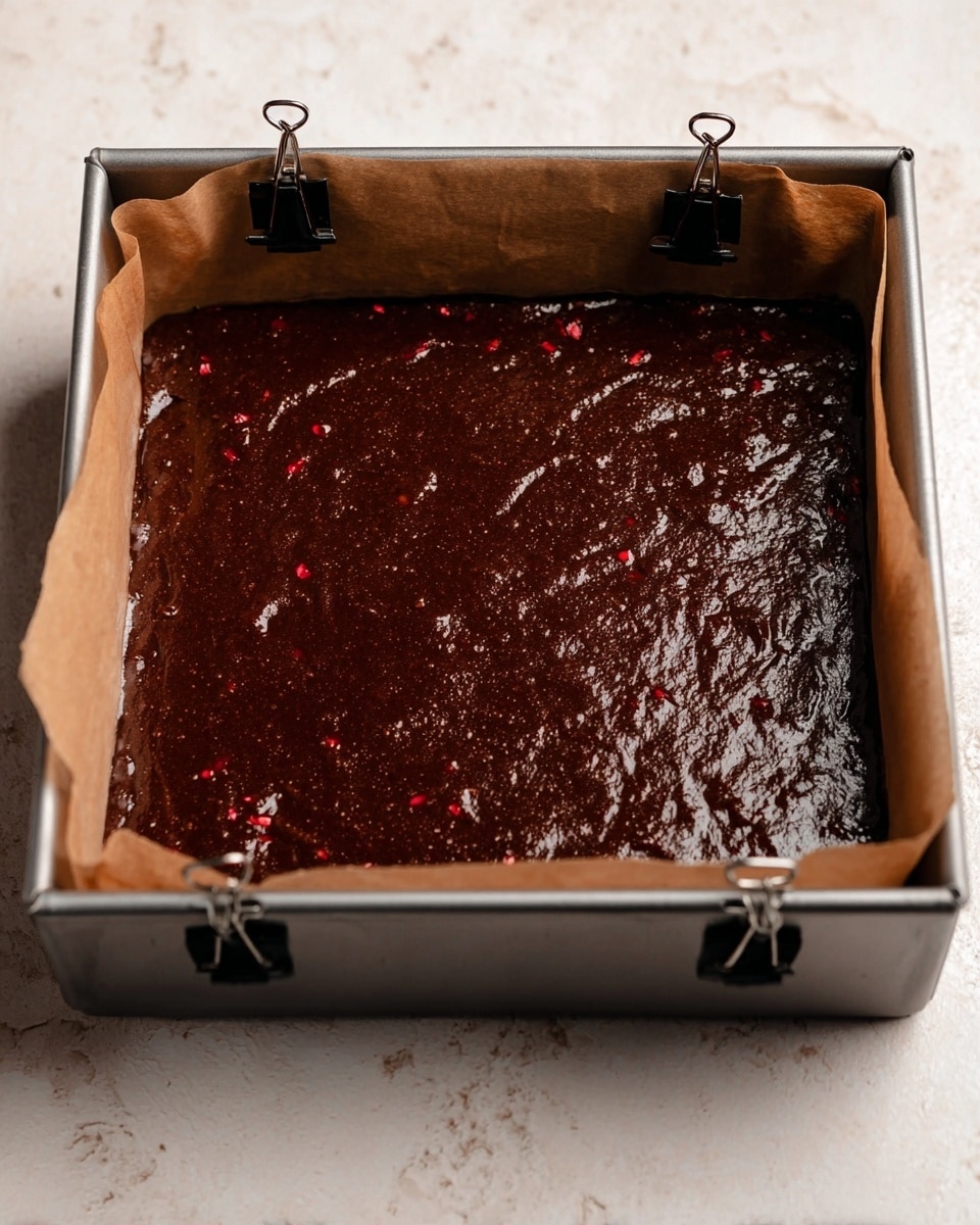 A close-up view of a thick, dark brown chocolate batter spread evenly in a square baking pan lined with light brown parchment paper, showing small red bits scattered throughout the glossy, smooth surface. The pan has metal edges and two black binder clips holding the parchment paper in place. The background is a white marbled texture. photo taken with an iphone --ar 4:5 --v 7