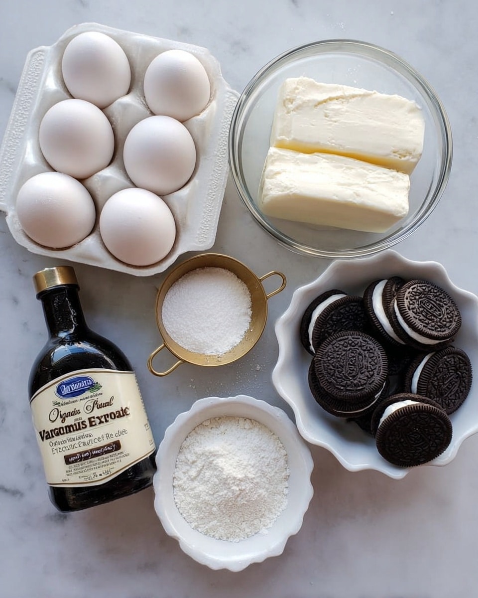 The image shows several ingredients arranged on a white marbled surface. There is a white egg holder on the left with six white eggs. Next to it is a small dark bottle labeled