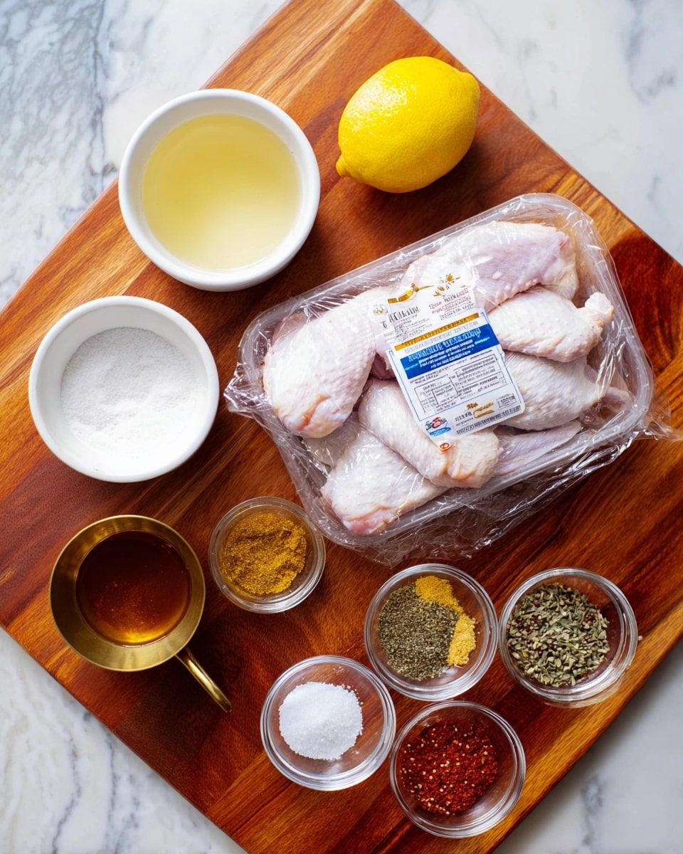 A clear glass bowl filled with raw chicken wings layered unevenly, each piece covered lightly with reddish-brown seasoning evenly spread over the pale skin and pinkish surfaces of the wings; the bowl sits on a white marbled surface, and a yellow bottle or container is visible in the background, partially out of focus. photo taken with an iphone --ar 4:5 --v 7