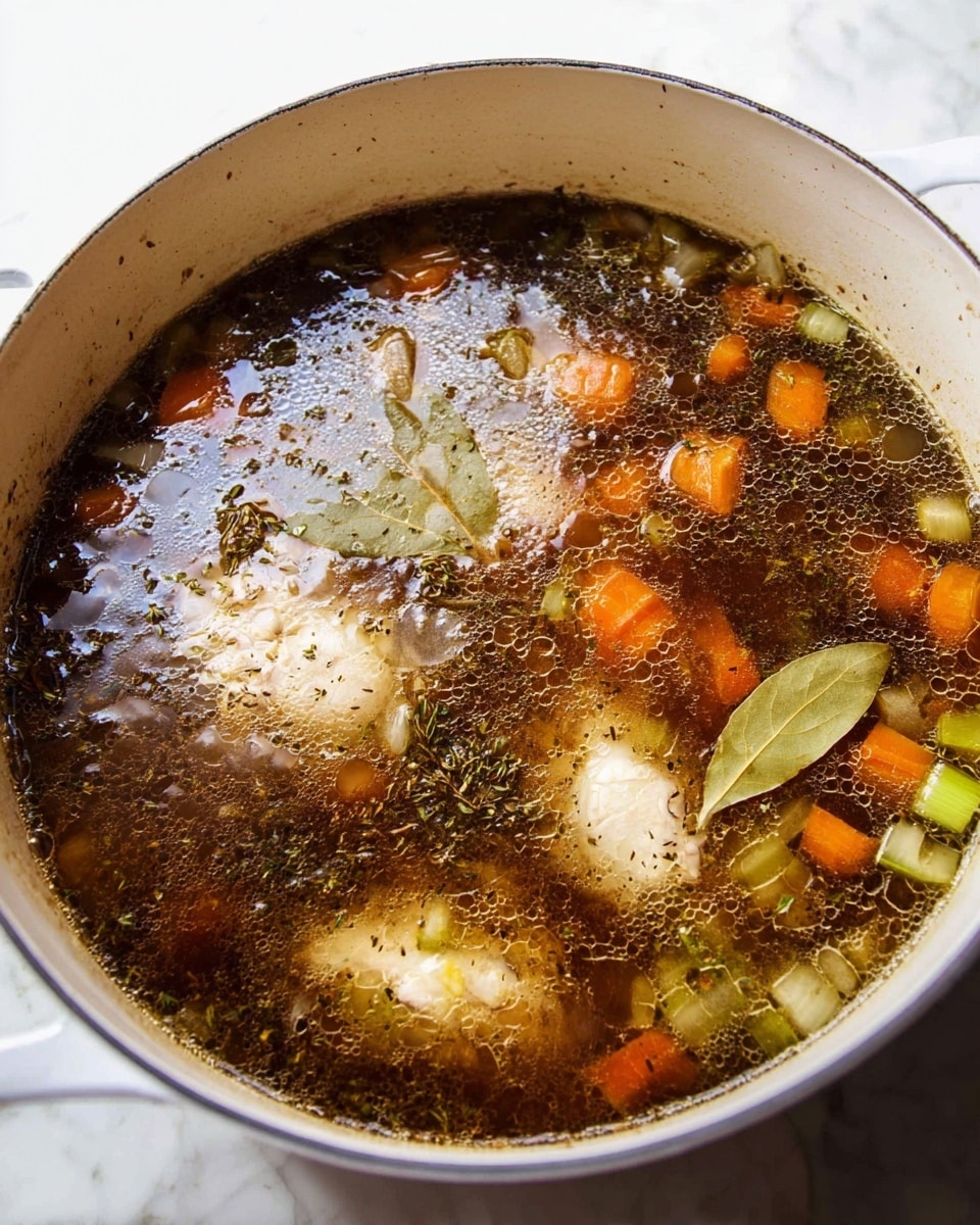 A white pot filled with dark brown broth bubbling gently, showing three pale pieces of chicken partially submerged in the liquid. Small diced orange carrots and light green celery pieces float near the surface alongside scattered herbs and spices. Bay leaves are visible resting in the broth, which has a slightly oily sheen. The pot sits on a white marbled surface. photo taken with an iphone --ar 4:5 --v 7