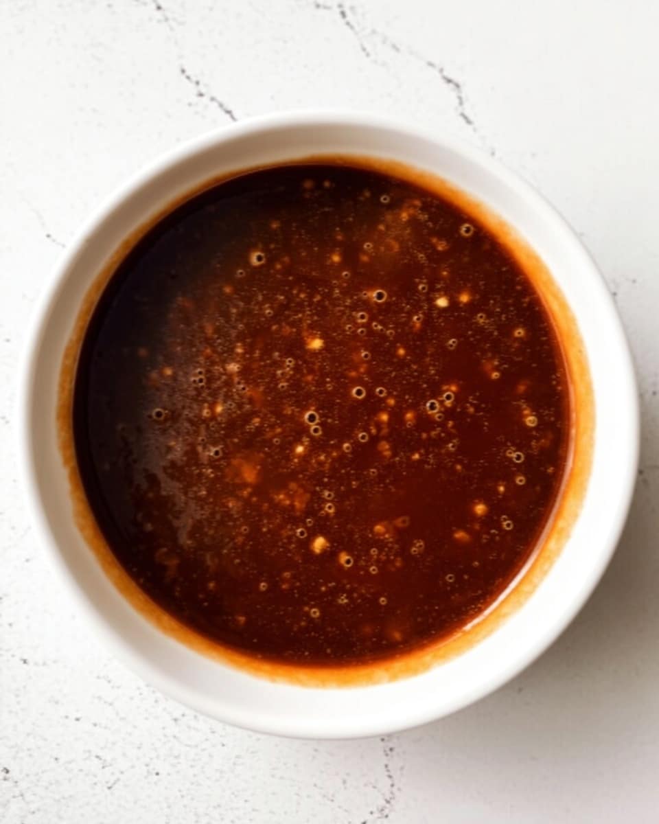 A top-down view of a white bowl filled with a smooth, dark brown sauce with small, lighter brown bits mixed in. The sauce has a shiny, slightly thick texture with some tiny bubbles visible on the surface. The bowl sits on a white marbled surface, and the edges of the bowl are clean with no spills. photo taken with an iphone --ar 4:5 --v 7