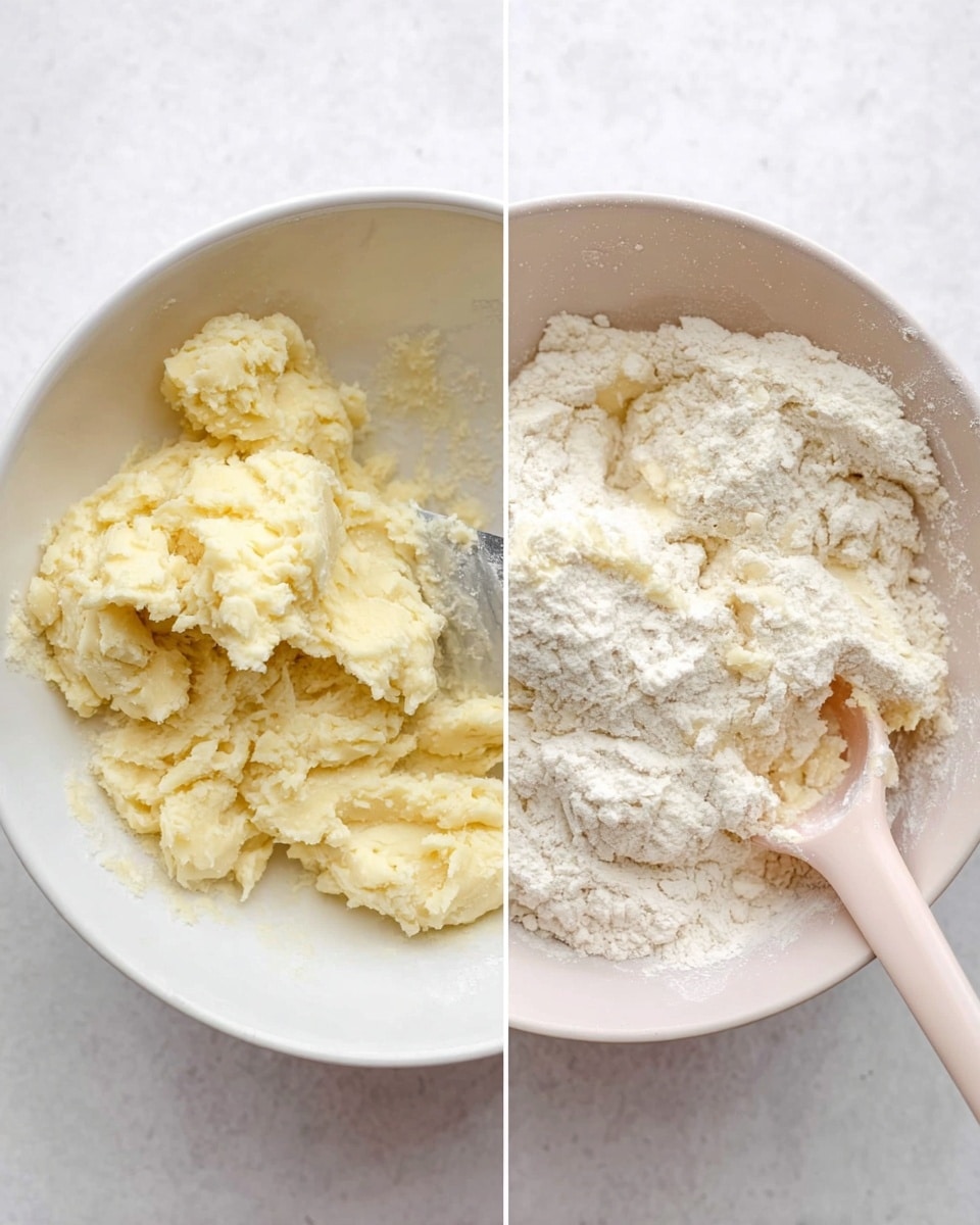 The image shows two white bowls side by side on a white marbled surface. The left bowl contains a chunky, pale yellow dough mixture with a soft, slightly crumbly texture, and a steel spoon partially visible on the right edge. The right bowl has a similar dough but it's covered with loose white flour, giving it a rough, powdery look. A pale pink spoon is partly placed inside the dough on the right side, mixing the flour into the dough. The overall colors are light, with creamy yellow and white tones in the dough and flour, and soft pastels in the utensils. Photo taken with an iphone --ar 4:5 --v 7