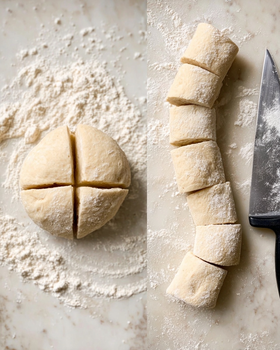 The image shows raw dough on a white marbled surface dusted with white flour. On the left, there is a round dough ball divided into four equal parts, each part having a light beige color and a soft, slightly textured surface. On the right, there is a long dough roll cut into small rectangular pieces placed in a curve, with a large knife with a black handle next to them. The dough pieces and the knife are also dusted with flour. Photo taken with an iphone --ar 4:5 --v 7