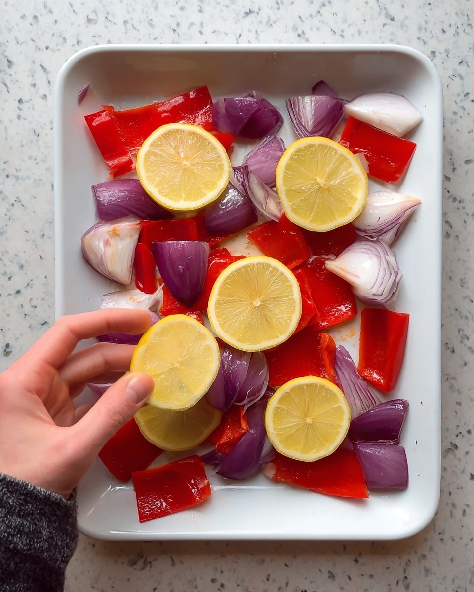A white tray holds pieces of red roasted bell peppers and large chunks of purple and white onion scattered evenly. On top of the vegetables are four bright yellow lemon slices, placed flat across the middle and corners. A woman's hand is gently placing one more lemon slice on the bottom left side of the tray. The background is a white marbled surface. Photo taken with an iphone --ar 4:5 --v 7