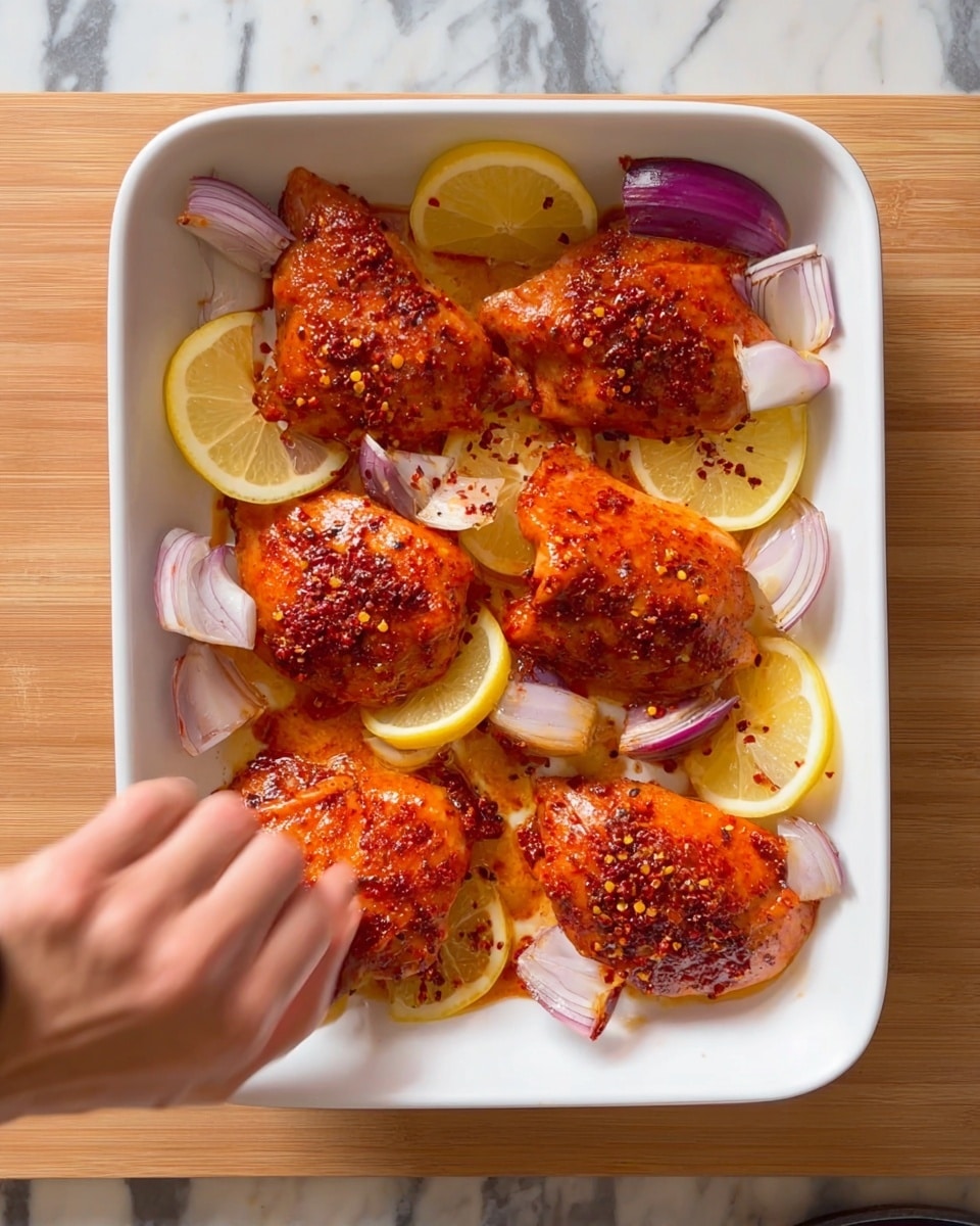 A white rectangular baking dish holds five pieces of raw chicken coated in a bright red spicy marinade scattered with small dark red chili bits. Underneath and between the chicken pieces are layers of thickly sliced yellow lemon rounds and large chunks of white and purple onion, along with irregular pieces of red bell pepper. The lemon slices are evenly placed beneath most chicken pieces, their light yellow color contrasting with the red chicken. The onions have a shiny, smooth texture, and the peppers add bold red color around the edges. A woman's hand is seen at the bottom right, adjusting one chicken piece. The dish is set on a white marbled surface with a wooden edge partially visible. photo taken with an iphone --ar 4:5 --v 7