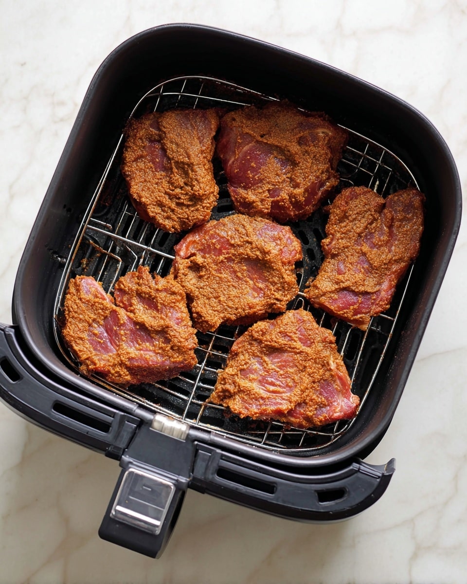 An air fryer basket filled with six pieces of raw meat coated with a thick layer of brownish-orange spice paste. The meat pieces have a slightly uneven shape and are arranged to cover most of the basket's wire rack at the bottom. The basket itself is black with a handle extending out. The background is a white marbled surface. Photo taken with an iphone --ar 4:5 --v 7