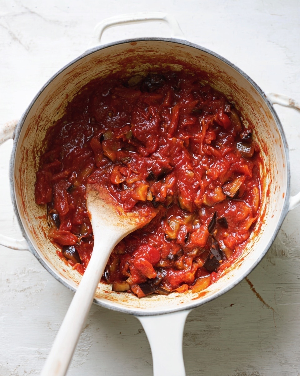 Inside a white cooking pot, a thick red tomato sauce with visible chunks of softened vegetables like tomatoes and eggplants fills about one-third of the bottom. The sauce has a slightly chunky, saucy texture with pieces of vegetables scattered throughout, showing shades of red, deep purple, and orange. A white-handled wooden spoon lies inside the pot, partially covered with sauce and resting toward the left side. The pot sits on a white marbled surface with some sauce marks around its edges. Photo taken with an iphone --ar 4:5 --v 7