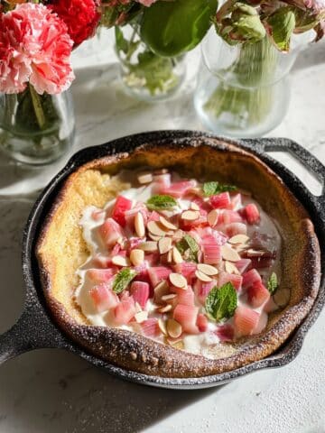 Pannukakku (Finnish Oven Pancake) with Mascarpone Cream and Poached Rhubarb Recipe