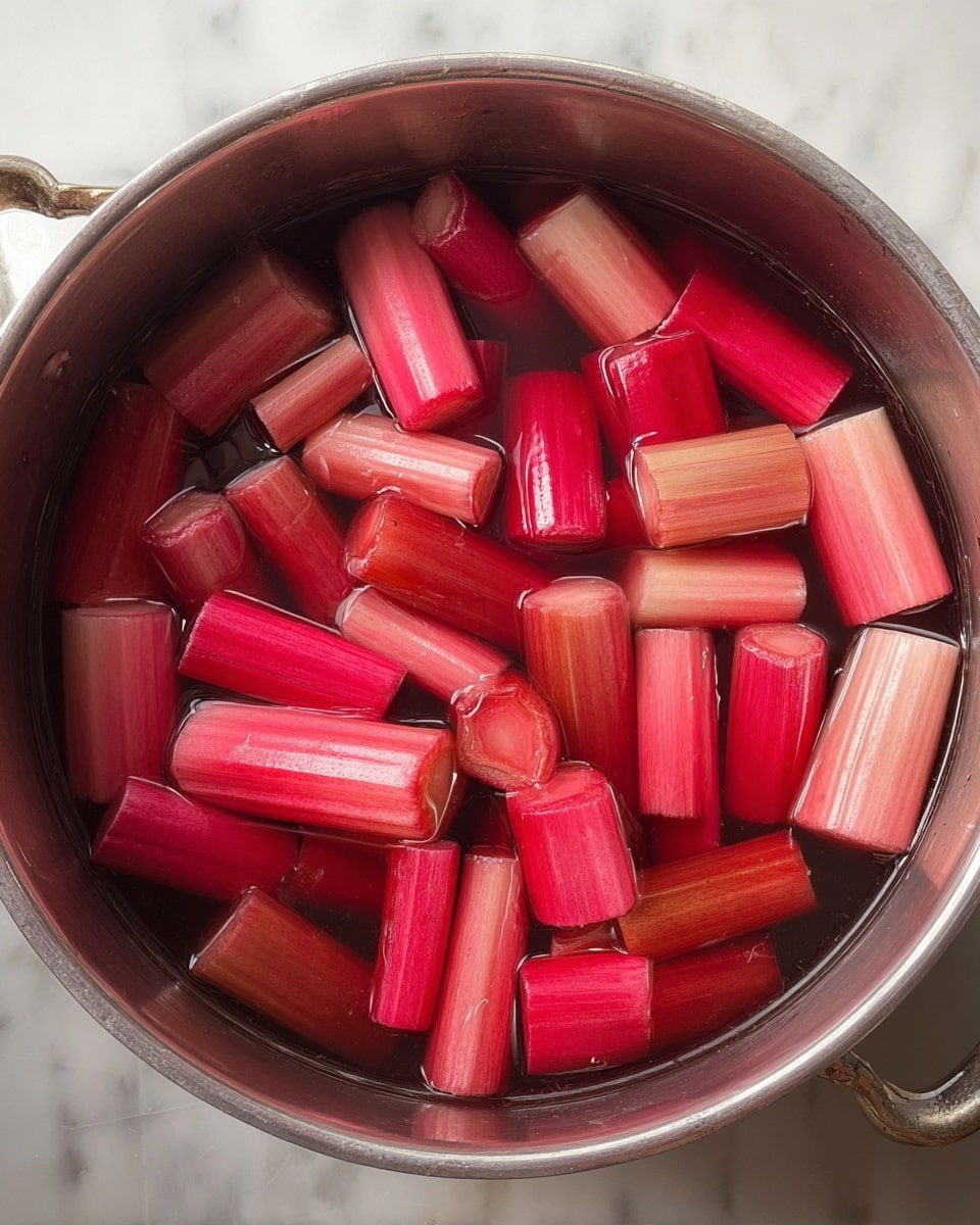 Inside a metal pot, there are about 30 short, thick pieces of rhubarb floating in a dark red liquid. The rhubarb pieces are cut into similar sizes, showing shades of deep pink and light pink with smooth, shiny textures. Two pieces display their ends, revealing a soft, pale interior texture. The pot rests on a white marbled surface, with soft natural light highlighting the bright colors of the rhubarb. Photo taken with an iphone --ar 4:5 --v 7