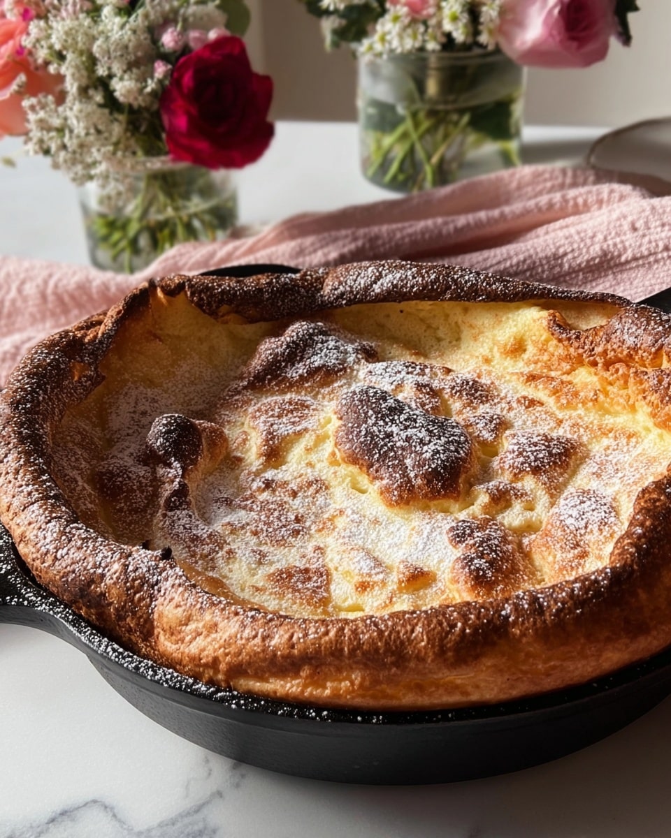 The dish is a baked dessert in a black cast iron skillet with a puffed, golden brown crust around the edges that is slightly darker and crisp. The center has a creamy white sauce topped with chunks of bright pink rhubarb, scattered pale almond slices, and small fresh green mint leaves. The skillet sits on a white marbled surface with light dusting of powdered sugar visible on part of the crust. In the background, there are two glass vases filled with red and pink flowers and green leaves. The scene is brightly lit by natural light. Photo taken with an iphone --ar 4:5 --v 7