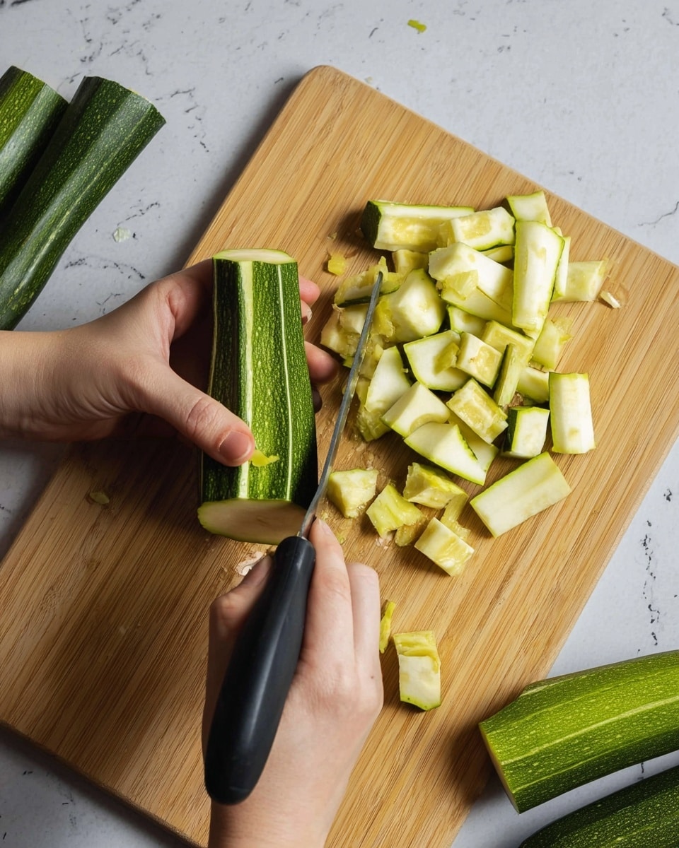A pair of hands hold a green zucchini that is hollowed out using a black-handled tool, the hollowed pieces scattered on a light wooden cutting board beneath. There are three zucchinis, all hollowed out and cut into pieces, placed on the board. The background shows a white marbled surface with a subtle pattern. photo taken with an iphone --ar 4:5 --v 7