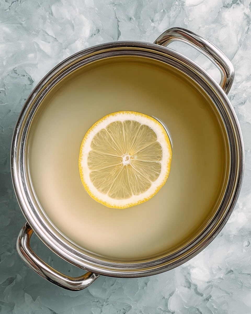 A shiny silver pot filled with clear, light yellow liquid sits on a white marbled surface. In the center of the liquid floats a single thin lemon slice, showing its bright yellow rind and pale yellow inside with visible segments. The pot has two curved handles on opposite sides. The photo taken with an iphone --ar 4:5 --v 7