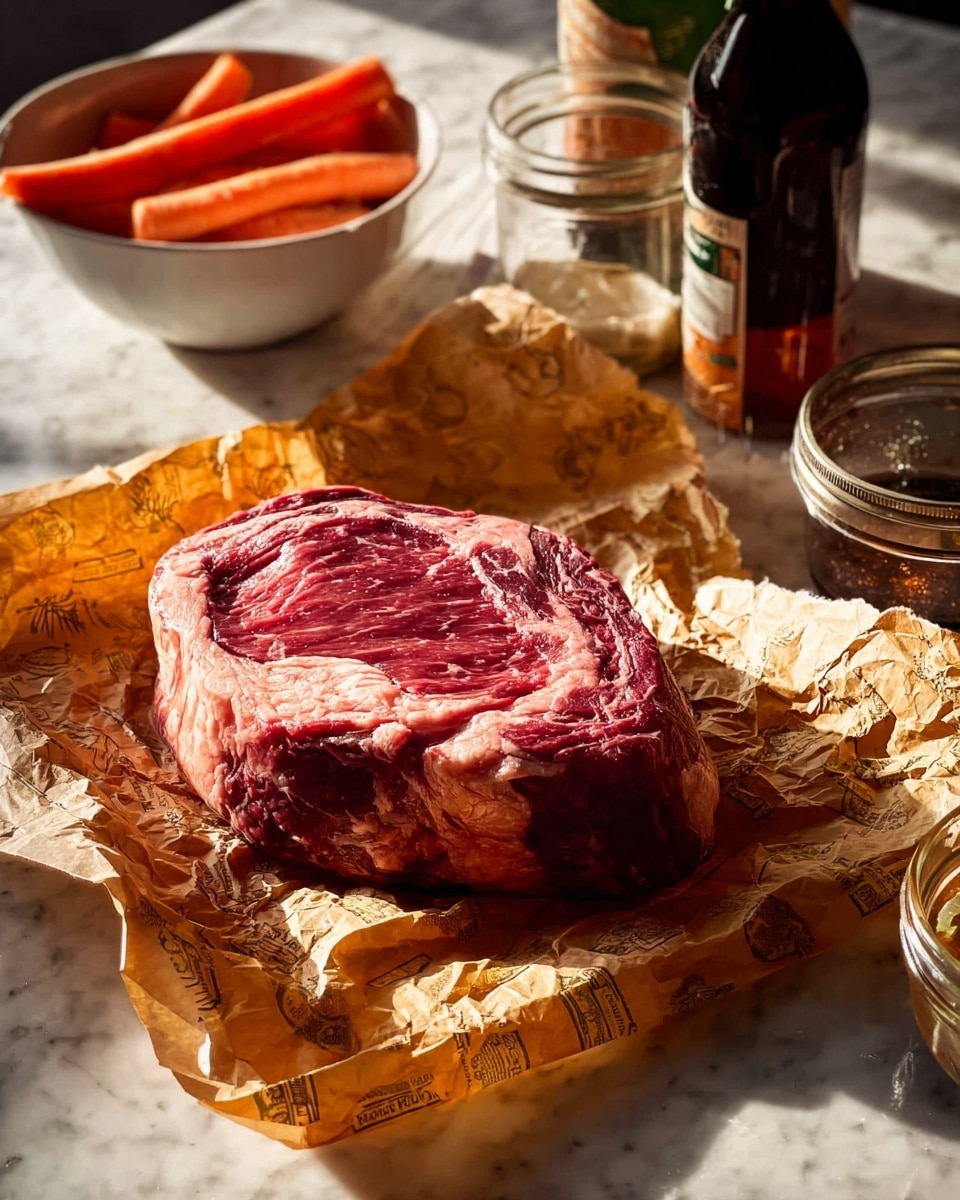 A thick, raw piece of steak with rich red and pink marbling sits atop crinkled brown and yellow patterned butcher paper. Behind it, on a white marbled surface, there is a white bowl filled with orange carrot sticks, a glass jar containing light brown liquid, and dark bottles. Soft light casts shadows across the scene, highlighting the textures of the meat and paper. photo taken with an iphone --ar 4:5 --v 7