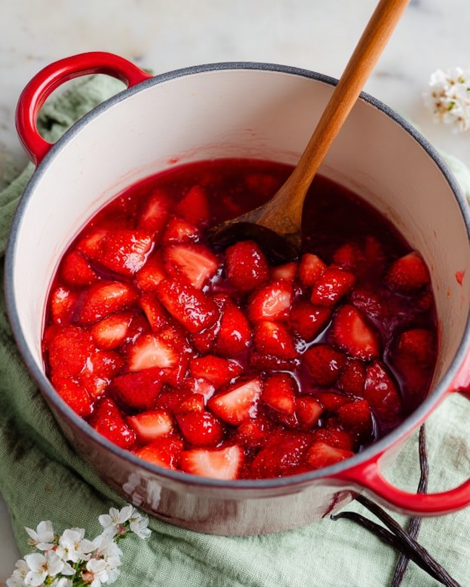A close-up of a red pot with light beige inside, filled halfway with a thick, red sauce containing small chunks of fruit being mashed by a woman's hand holding a metal masher. The red sauce has a slightly glossy texture, with some frothy bits around the upper sides of the pot. The pot is resting on a green textured cloth on a white marbled surface. In the background, there is a bottle with a beige cork and a straw-colored paper label, some white and yellow flowers are slightly out of focus. Photo taken with an iphone --ar 4:5 --v 7