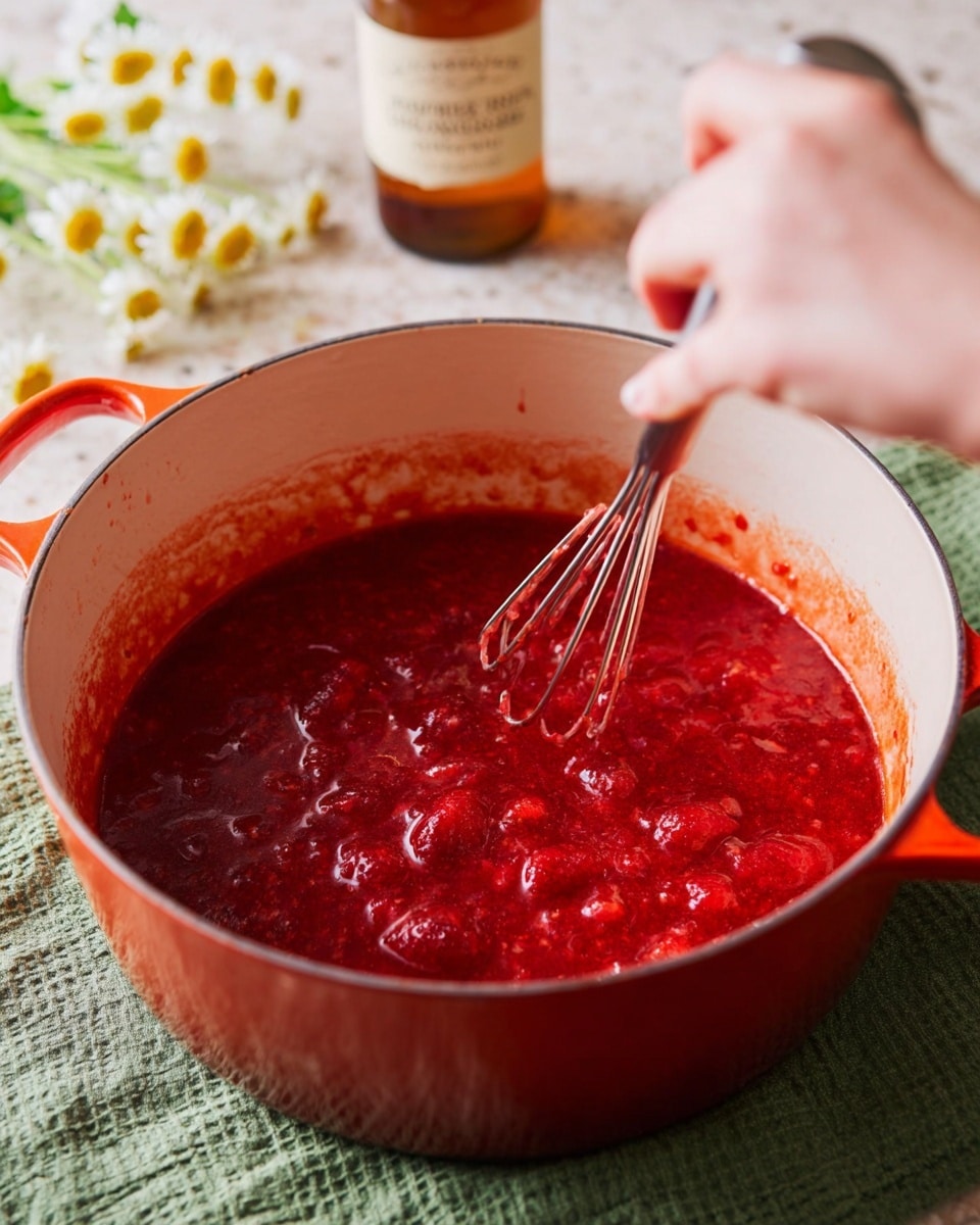 A white pot filled with bright red chopped strawberries mixed with their juice, slightly soft and shiny, with a wooden spoon resting inside the pot stirring the strawberries. The pot’s interior is smooth and white, with a clean rim and red handles visible on each side. The pot sits on a light green textured cloth on a white marbled surface, with some vanilla pods and small white flowers in the background, giving a fresh and natural look. Photo taken with an iphone --ar 4:5 --v 7