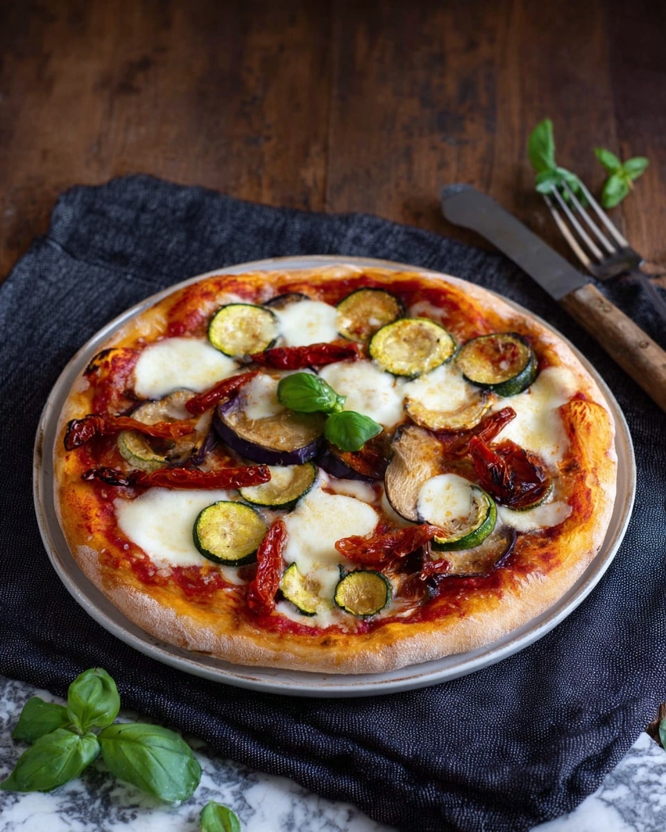 A round pizza with a golden-brown crust is placed on a dark round tray, resting on a dark cloth over a wooden table with a white marbled texture background. The pizza has visible layers of tomato sauce, melted white cheese, and toppings including slices of green zucchini, eggplant, and red bell pepper, along with small basil leaves on top. A slice of pizza is placed on a white plate below the tray, showing the same layers and toppings, with a few small green basil leaves beside it. A fork with a wooden handle rests near the plate, and a glass of dark red liquid is seen at the top right, accompanied by a knife placed on the cloth. Photo taken with an iphone --ar 4:5 --v 7