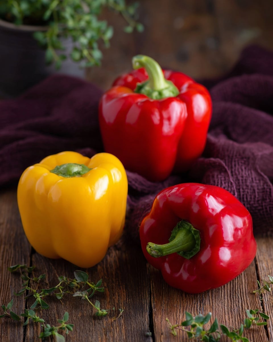 Two small glass jars are filled with colorful layers of peeled roasted red and yellow bell peppers. The jars show alternating wide strips of bright red and deep yellow peppers, stacked tightly to fill the jars almost to the top. The smooth, shiny texture of the peppers looks soft and slightly wet, preserved in a clear liquid that catches the light. The jars are placed on a white marbled texture, with one jar in clear focus at the front and the other blurred in the background. Photo taken with an iphone --ar 4:5 --v 7