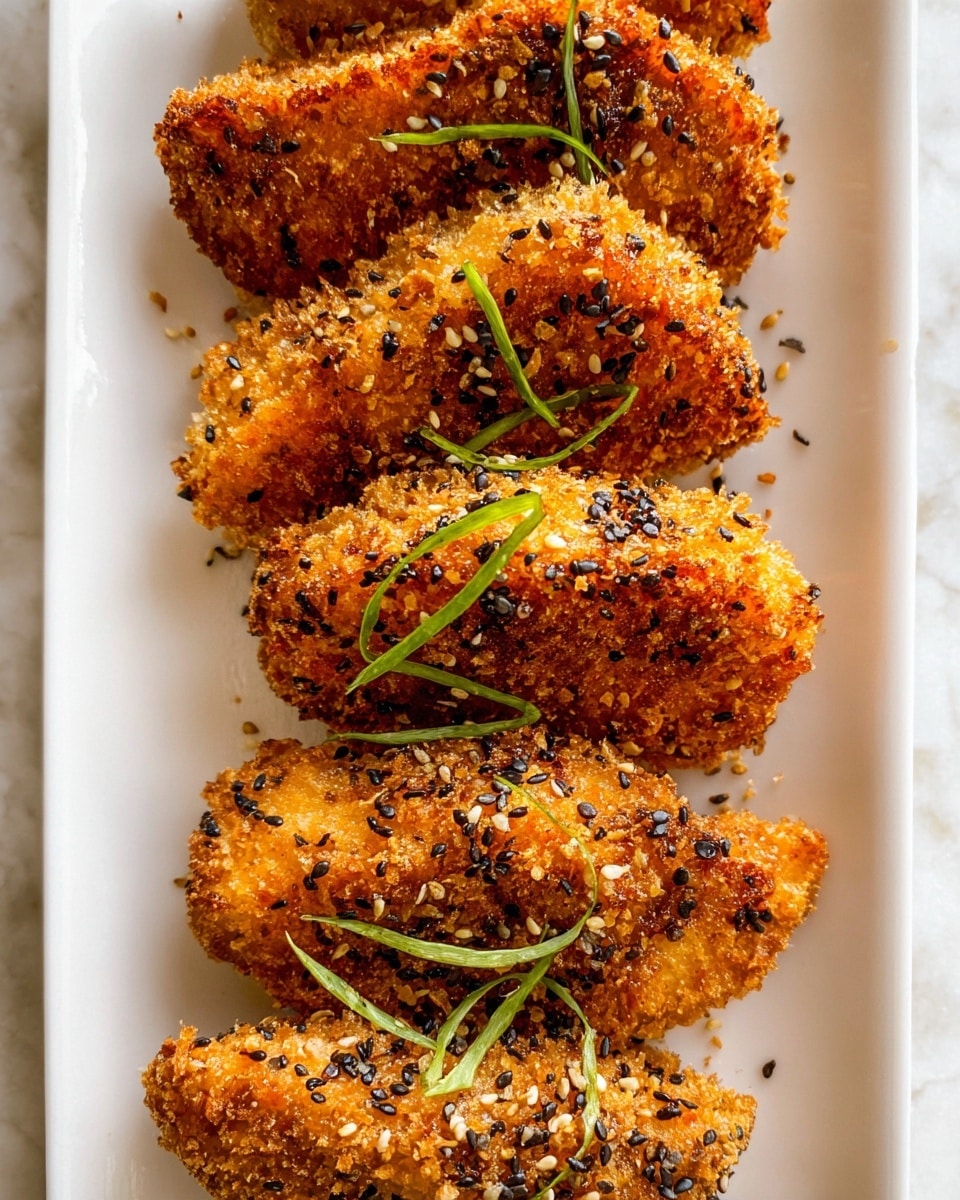 The dish shows six slices of crispy golden brown chicken, each slice topped with a smooth yellow sauce, arranged in a neat line on the left side of a white plate. On the right, there is a round mound of white rice sprinkled with black sesame seeds. Above the rice, thin, pale green cucumber slices are scattered and garnished with black sesame seeds and a few green chive stems. Below the rice, there is a small mixed salad with leafy greens including red and green lettuce and thin orange carrot strips. The plate is set on a white marbled surface, and a pair of dark wooden chopsticks rests near the bottom right of the plate. photo taken with an iphone --ar 4:5 --v 7