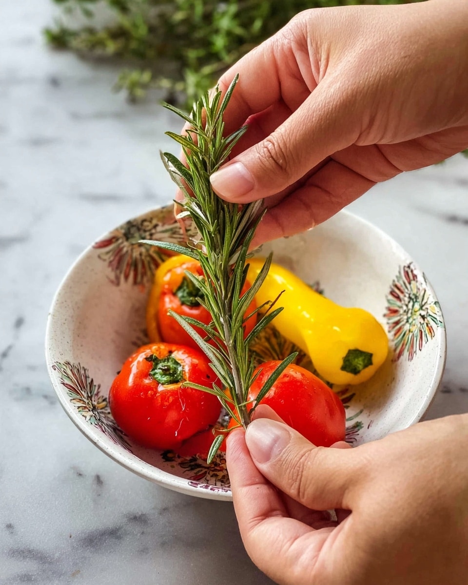 A baking dish filled with whole roasted tomatoes of different sizes and colors, mostly large yellow tomatoes with black stems on top and smaller bright red ones scattered around. The yellow tomatoes have wrinkled skins with some of them split open, showing soft, juicy insides sprinkled with cracked black pepper and small green rosemary leaves. Around the tomatoes, there are a few pieces of peeled garlic with light brown skins and some rosemary sprigs. The dish is white and sits on a white marbled surface, showing a homey, warm roasted vegetable scene. photo taken with an iphone --ar 4:5 --v 7